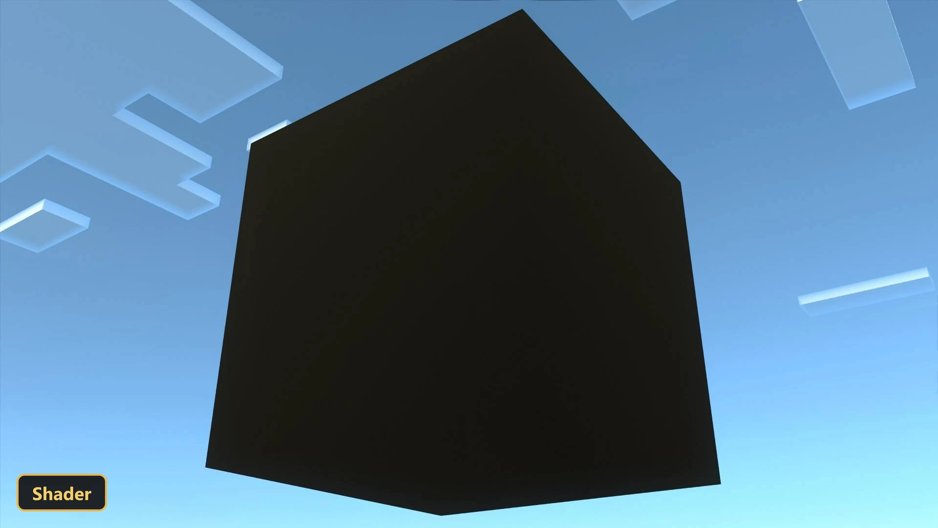 large black cube floating in a bright blue sky with white block outlines