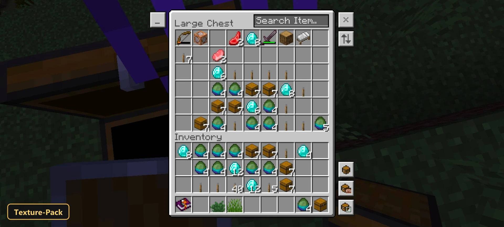 open chest with inventory, green grass, dark ground