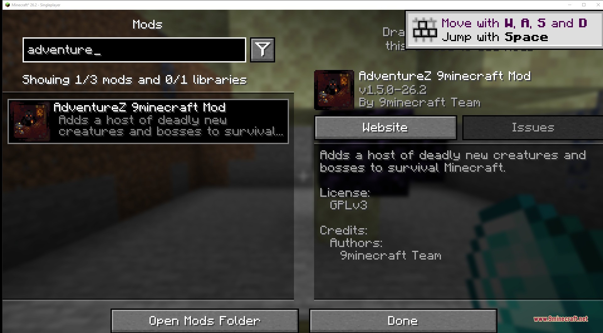 AdventureZ 9minecraft Mod Screenshot 1 Minecraft mod list menu showing the AdventureZ mod description and version details