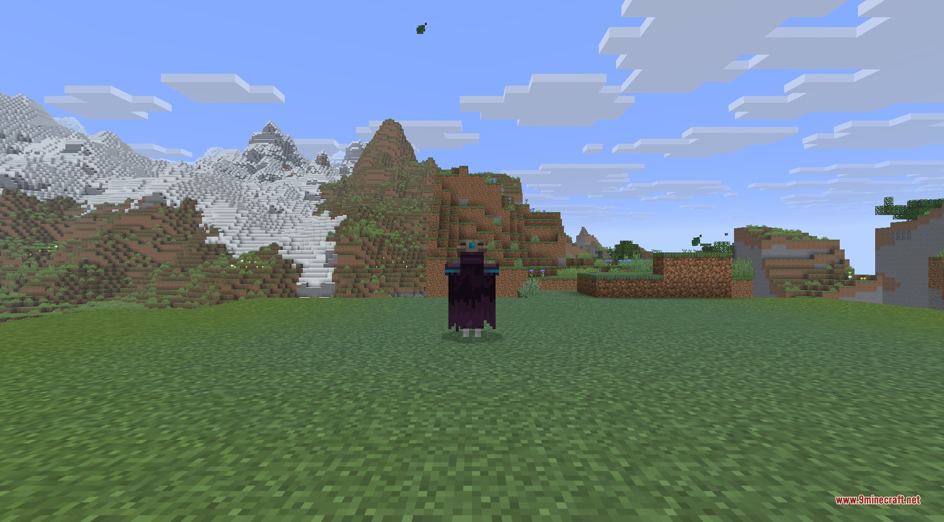 AdventureZ 9minecraft Mod Screenshot 10 Player character wearing a dark purple cape with blue accents in a field