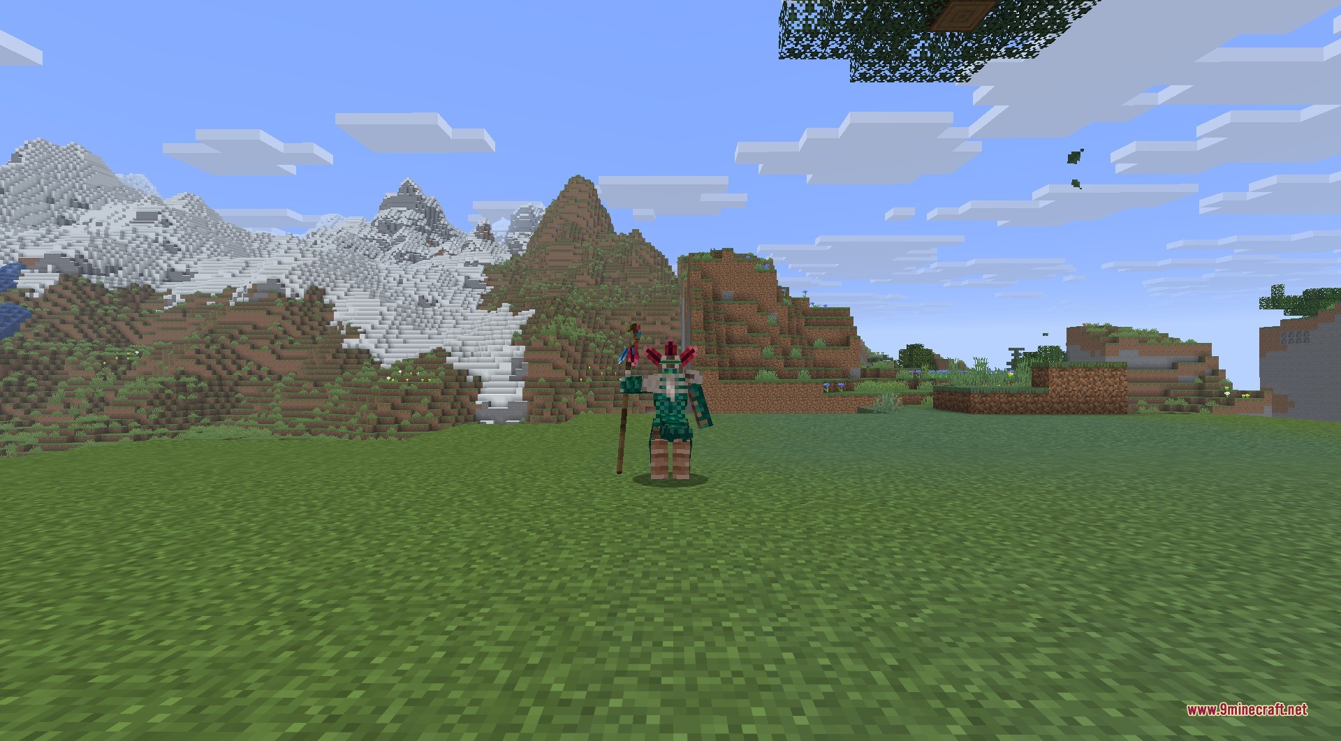 AdventureZ 9minecraft Mod Screenshot 11 A Shaman mob holding a staff stands in front of snowy mountains