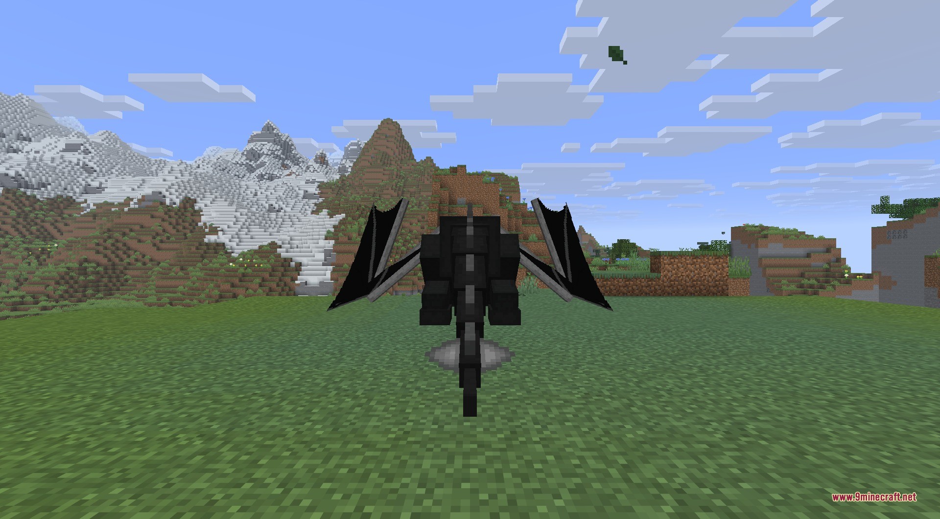 AdventureZ 9minecraft Mod Screenshot 2 A player character riding a large black dragon over a grassy mountain landscape