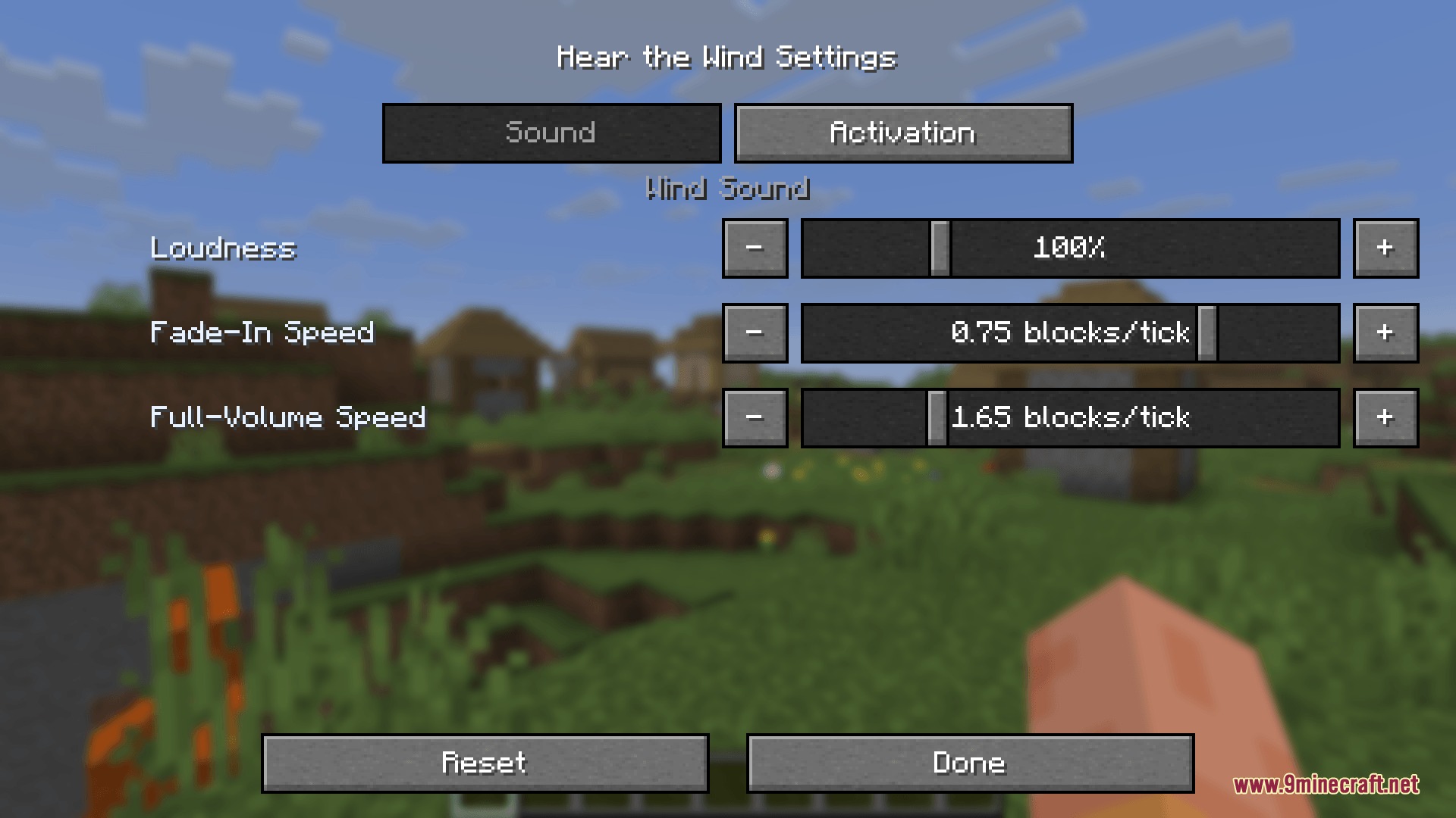 Sound settings menu for the Aero Rush Audio Mod in Minecraft