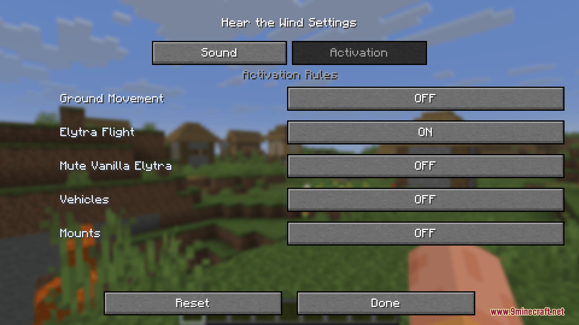 Activation rules menu for wind sounds during flight and ground movement