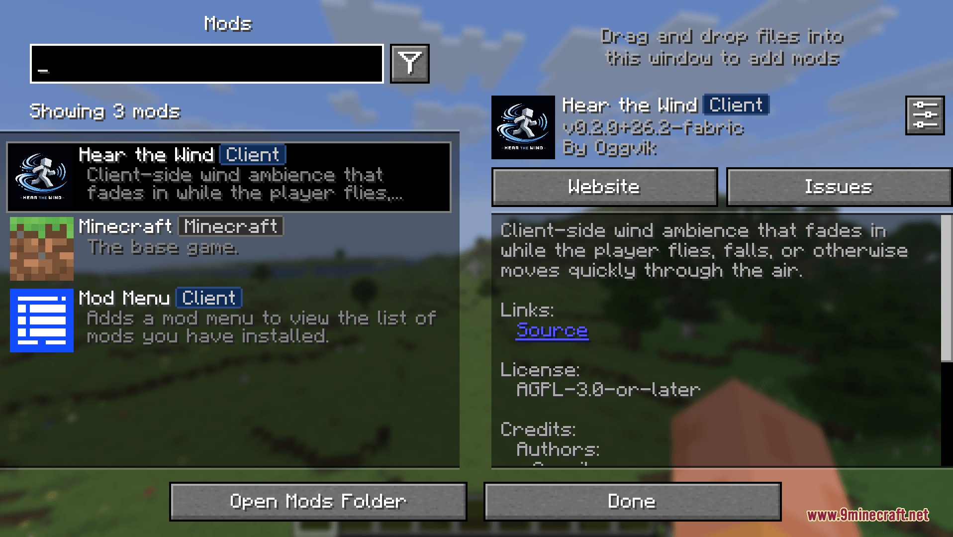 The mod menu interface displays details for the Aero Rush Audio Mod