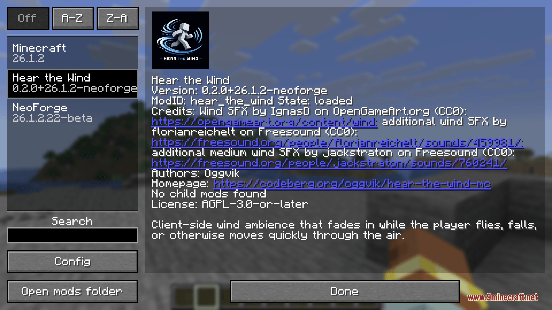 A Minecraft mod menu screen showing version information and author credits