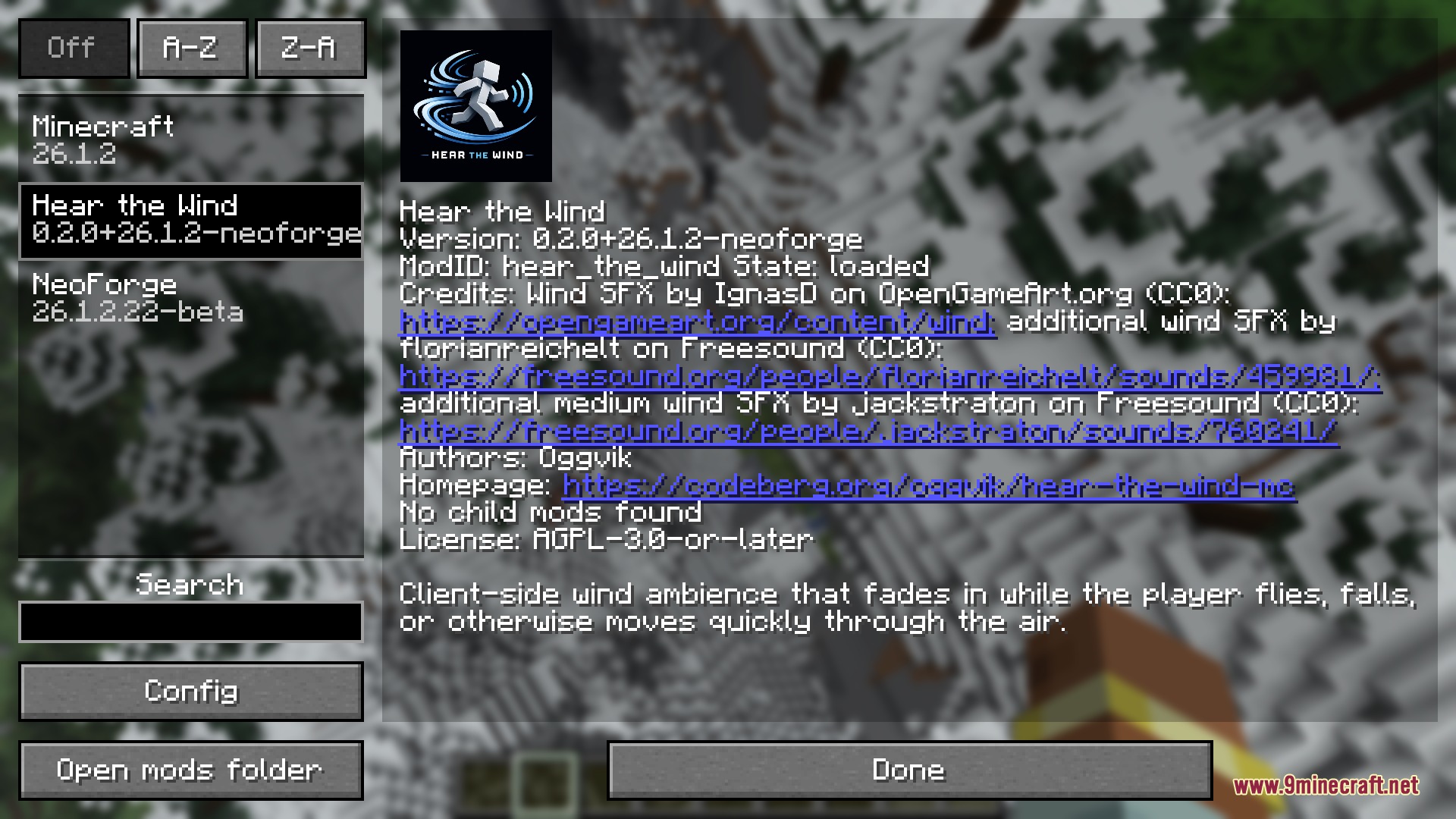 Minecraft mod menu interface displaying details and credits for Hear the Wind mod