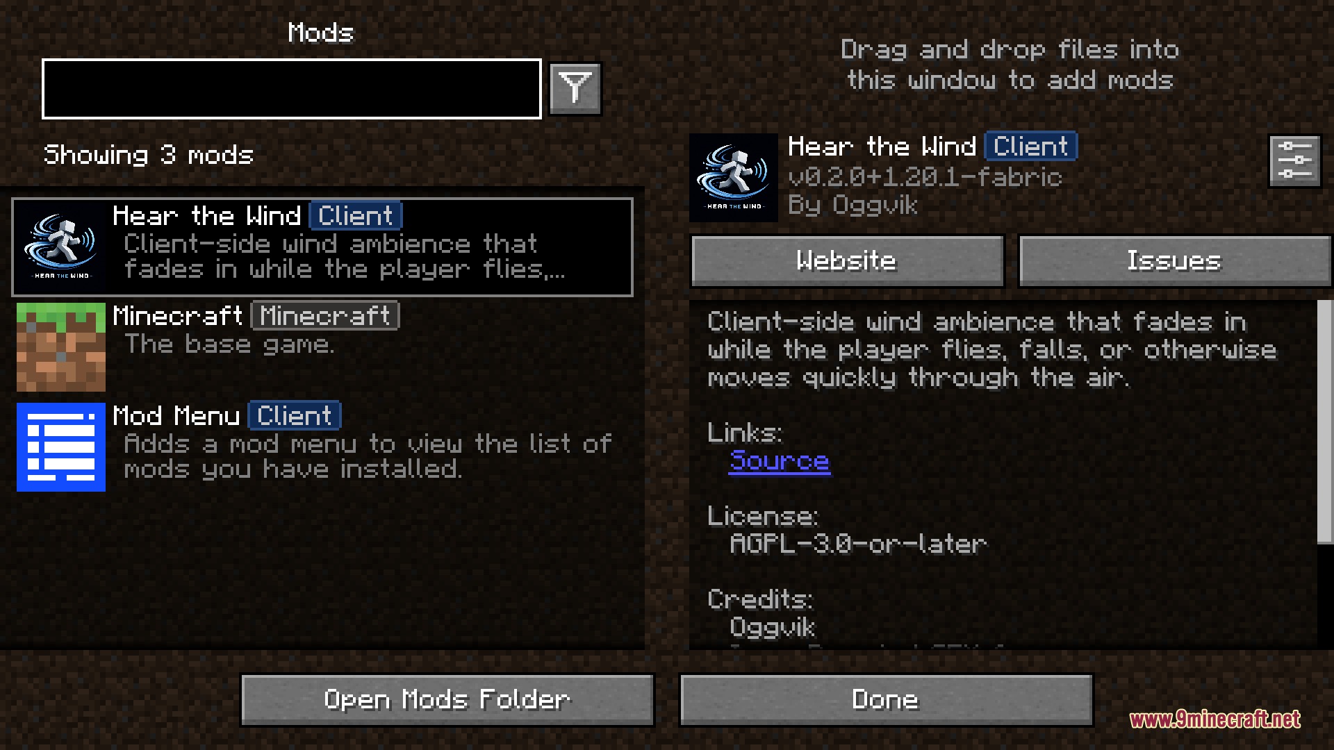 Mod menu screen showing information about the installed wind ambience mod