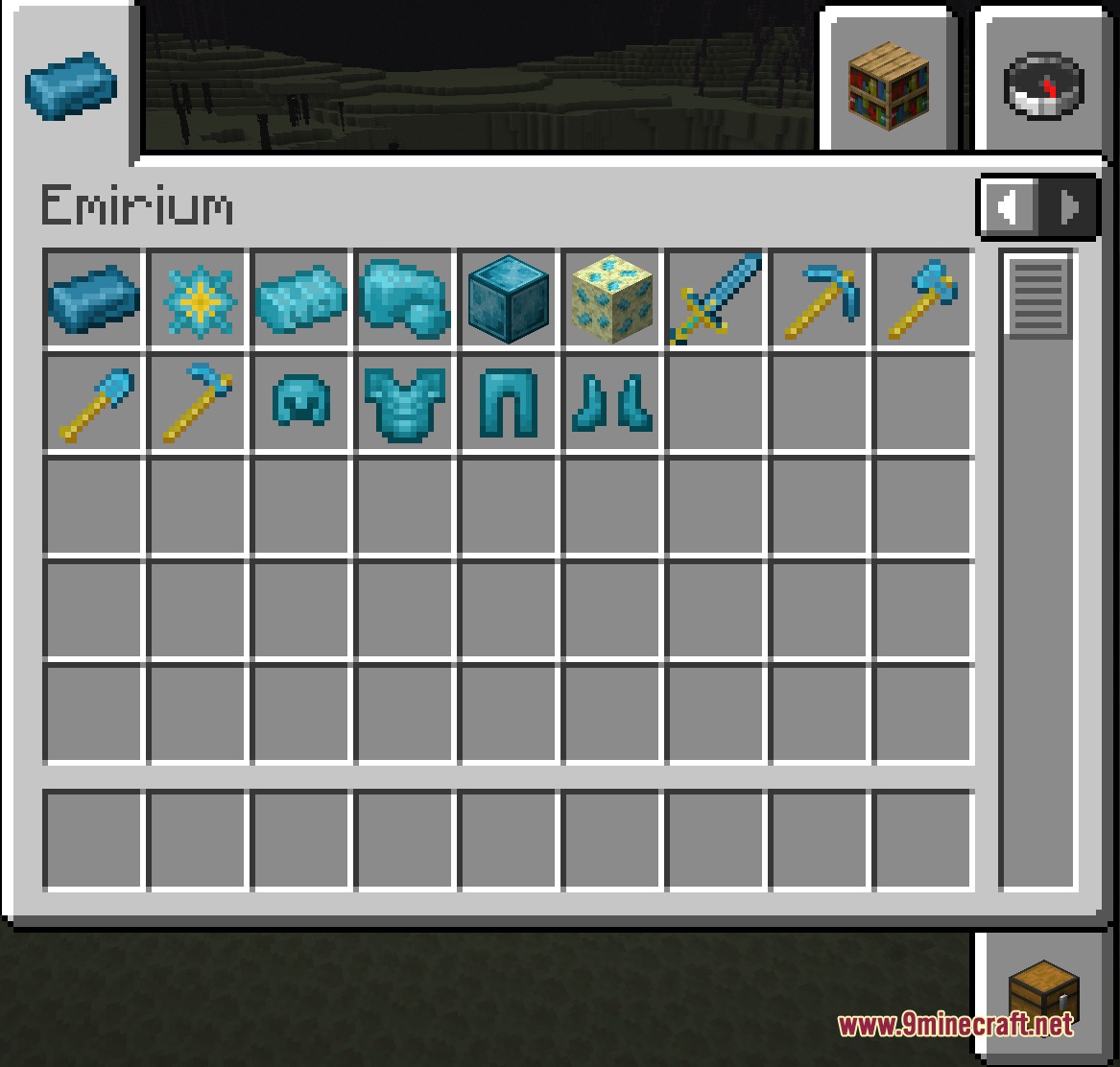 Aetheric Apex Steel Mod Screenshot 1 Minecraft inventory screen displaying a full set of teal Emirium equipment