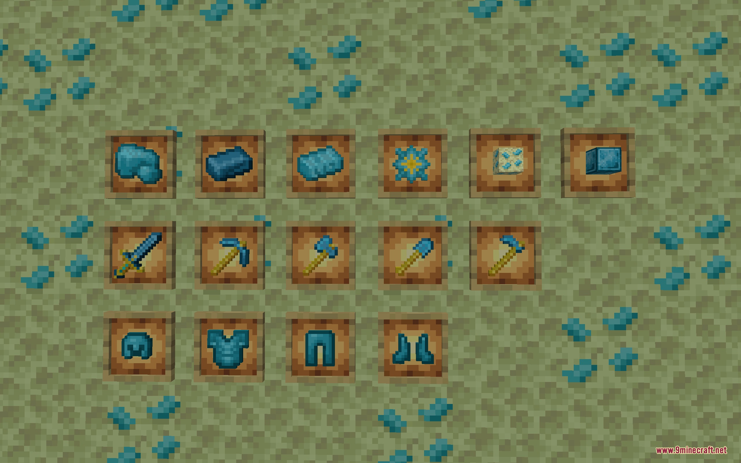 Aetheric Apex Steel Mod Screenshot 2 Teal endgame tools and armor displayed in item frames on End stone