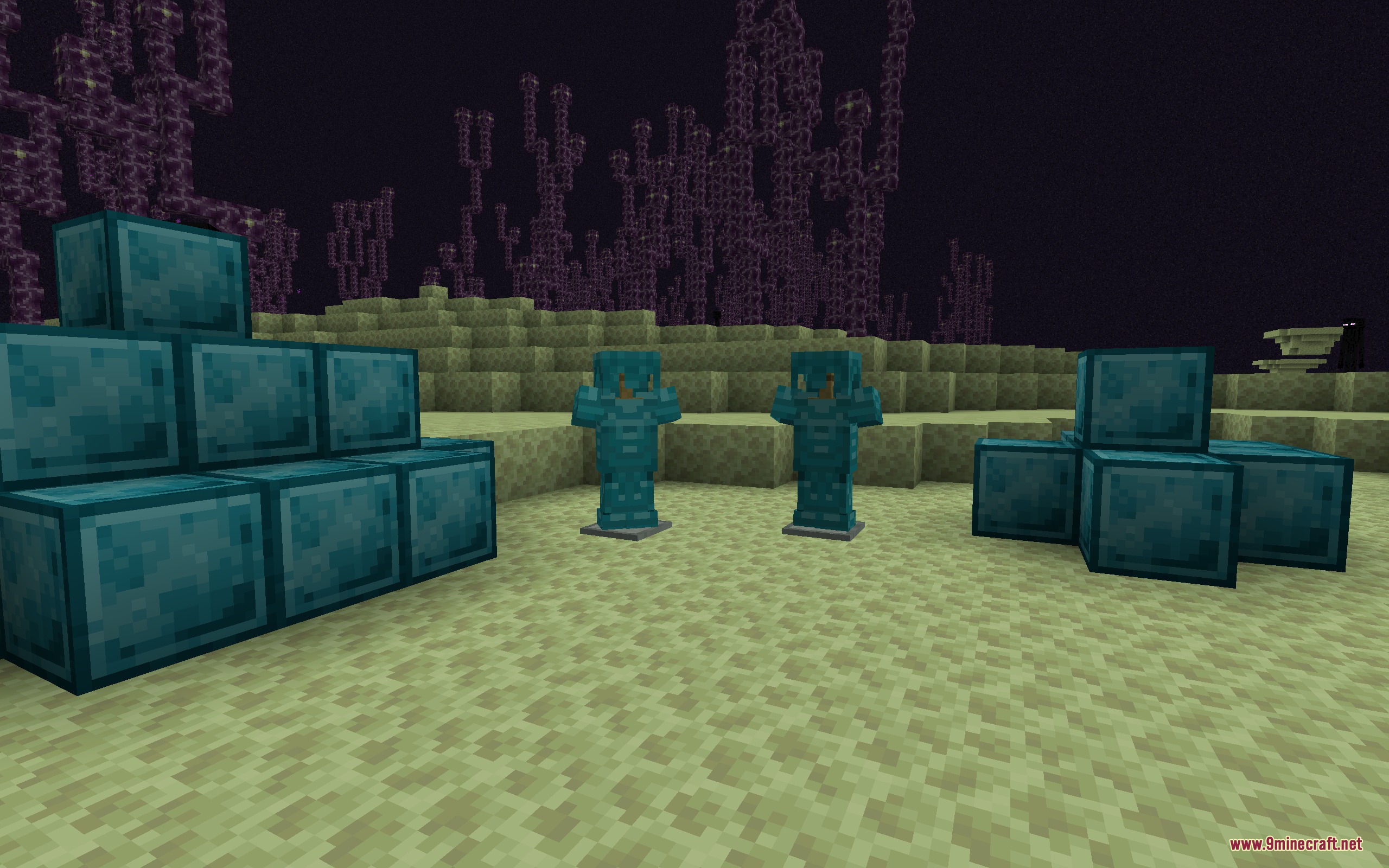 Aetheric Apex Steel Mod Screenshot 3 Aetheric Apex Steel armor sets on stands next to blue decorative blocks