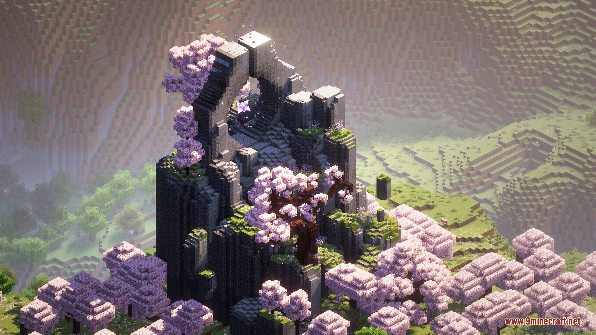 Aetheric Pillar Secrets Mod Screenshot 1 Ancient stone ruins with a glowing purple core surrounded by cherry blossom trees