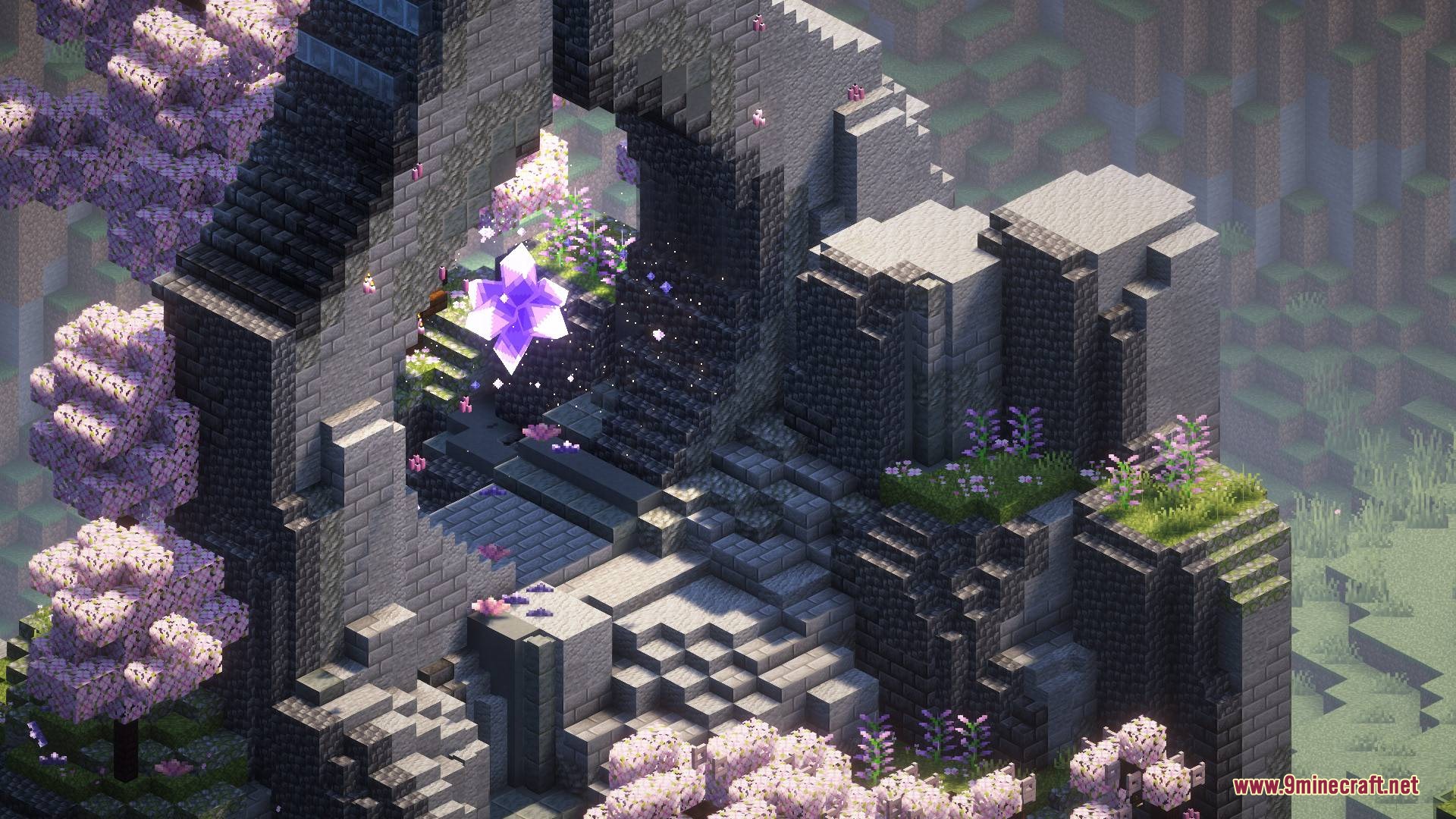 Aetheric Pillar Secrets Mod Screenshot 2 Close up of a glowing purple Elderheart core floating inside a stone monument