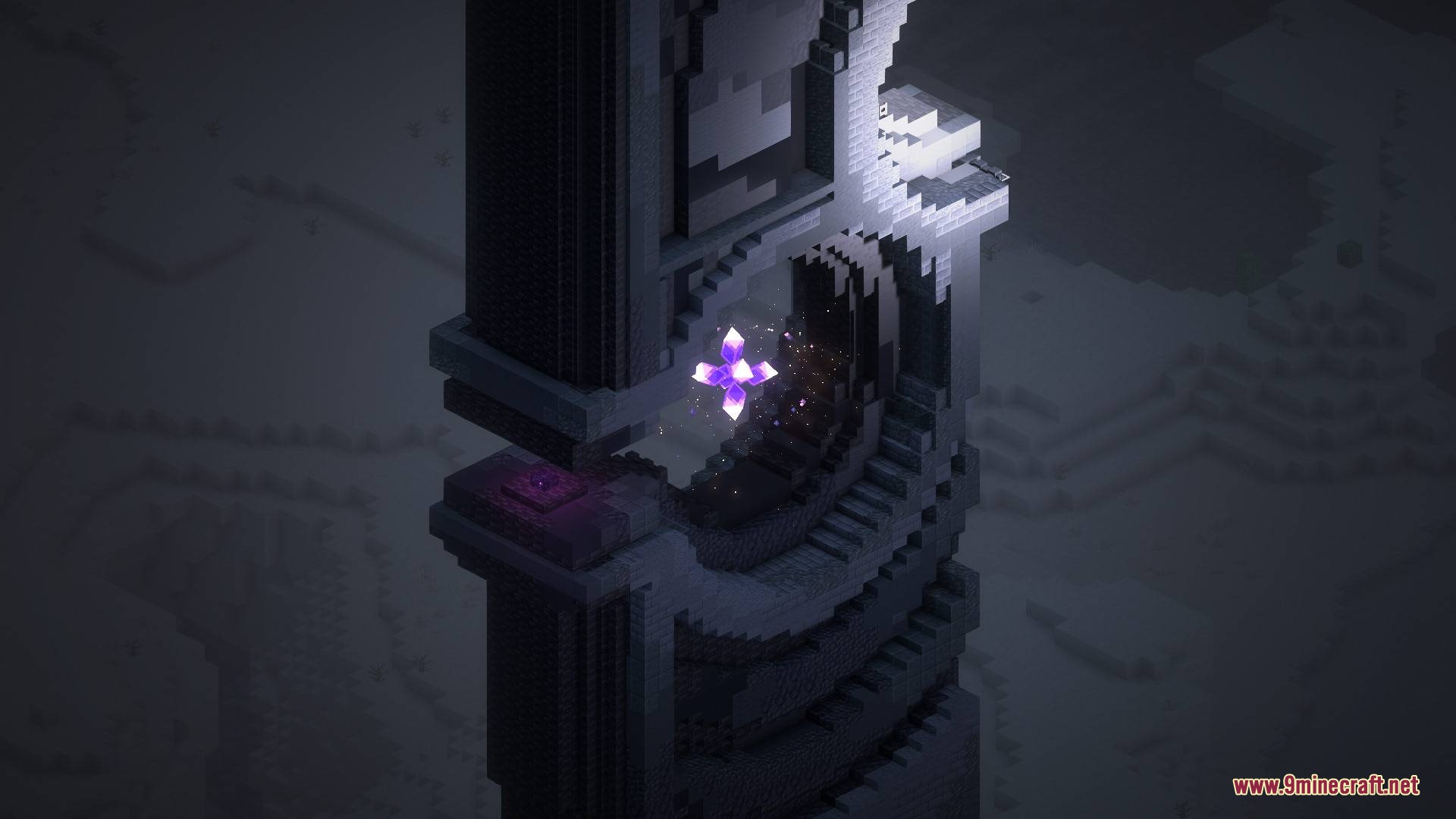 Aetheric Pillar Secrets Mod Screenshot 3 A glowing purple Elderheart core floats inside a dark stone monument structure