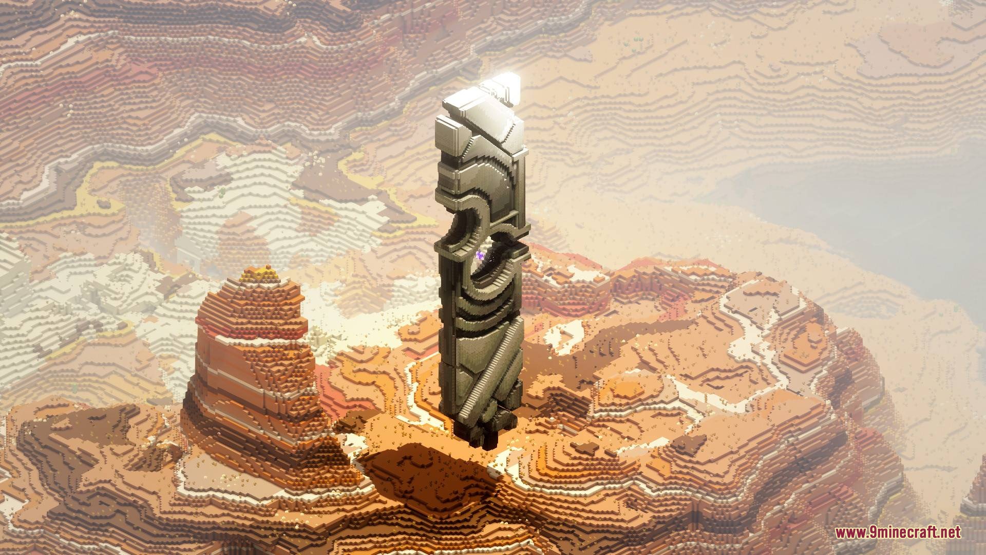 Aetheric Pillar Secrets Mod Screenshot 4 A tall Aetheric Pillar monument towers over the rugged mesa biome terrain
