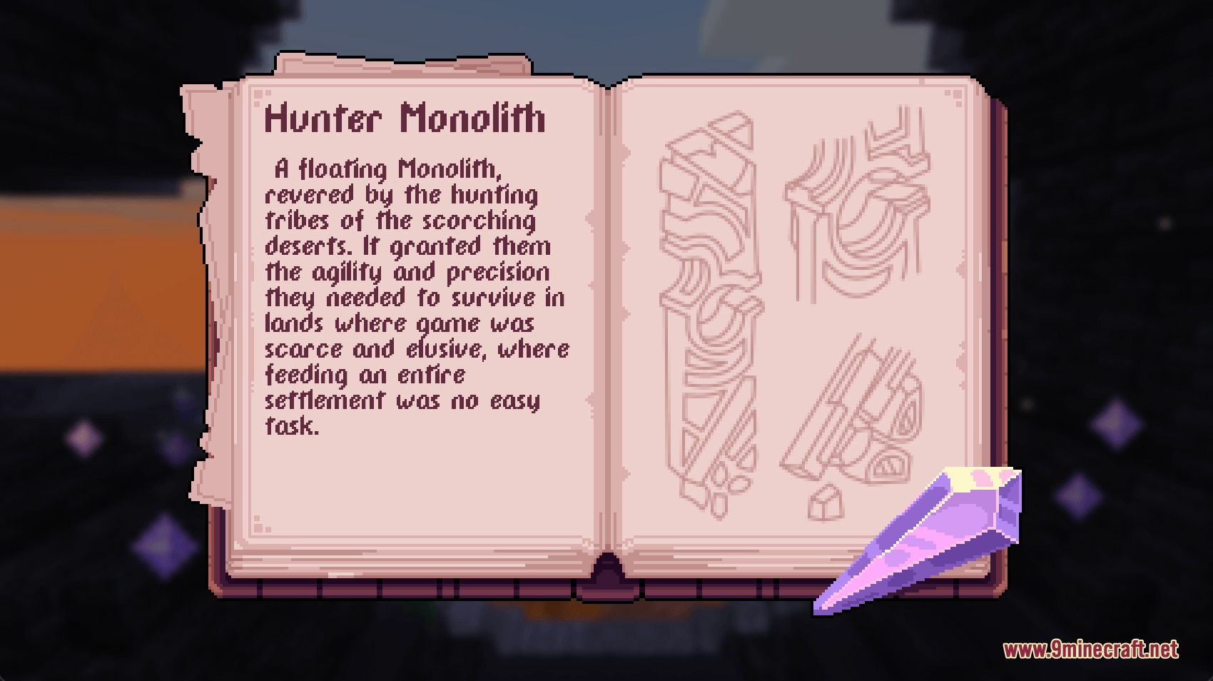 Aetheric Pillar Secrets Mod Screenshot 5 Open Monolith Codex book showing lore about the ancient Hunter Monolith structure
