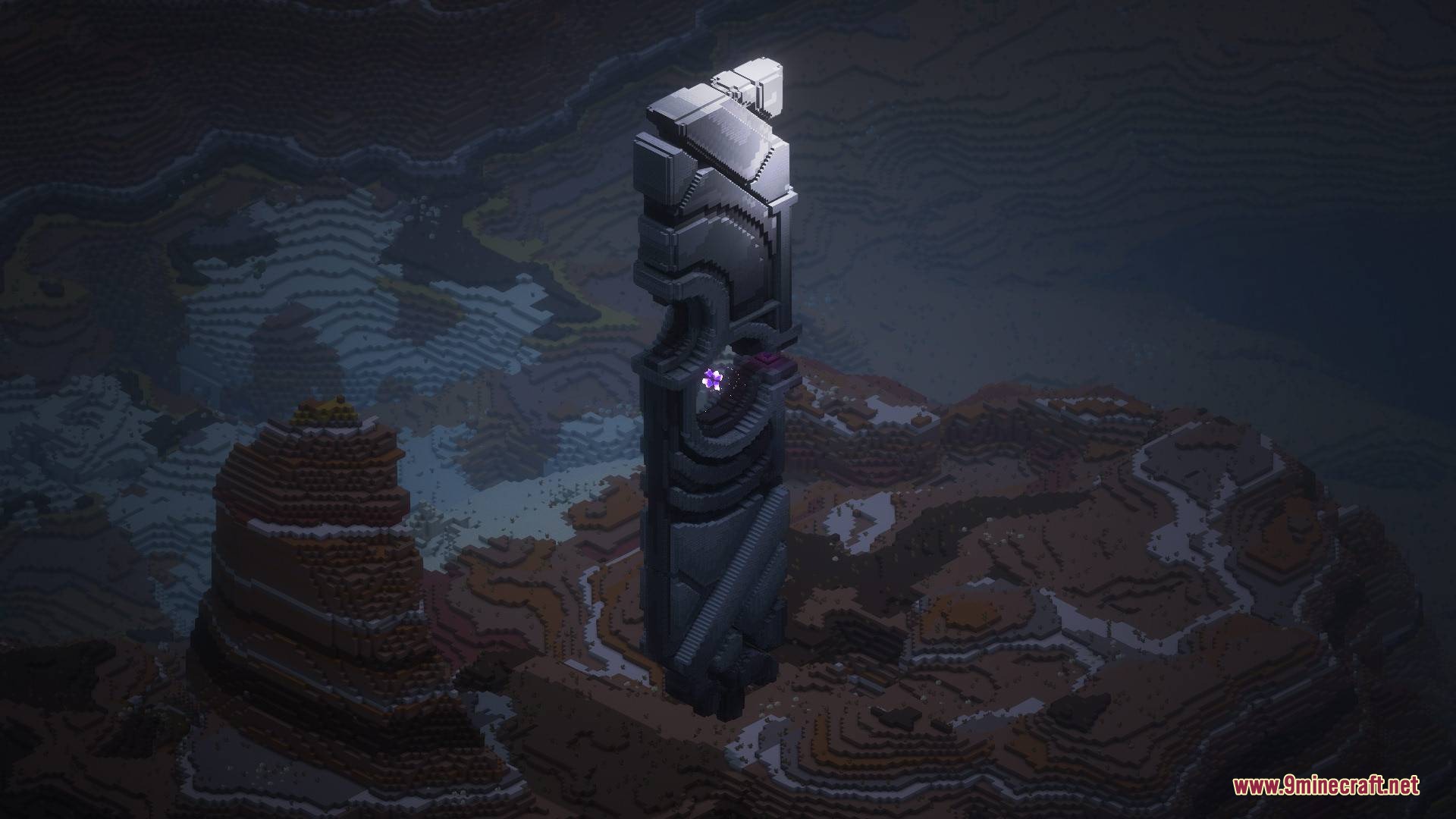 Aetheric Pillar Secrets Mod Screenshot 6 A tall stone pillar with a glowing purple core in the desert