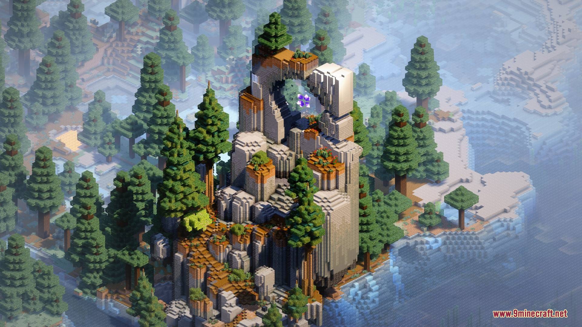 Aetheric Pillar Secrets Mod Screenshot 7 A stone monument with a floating purple crystal in a coniferous forest