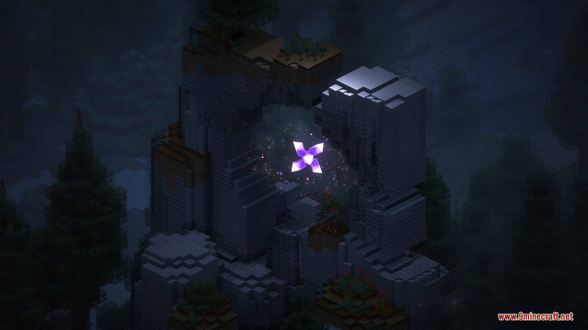 Aetheric Pillar Secrets Mod Screenshot 8 A glowing purple Elderheart core floating inside a stone structure at night