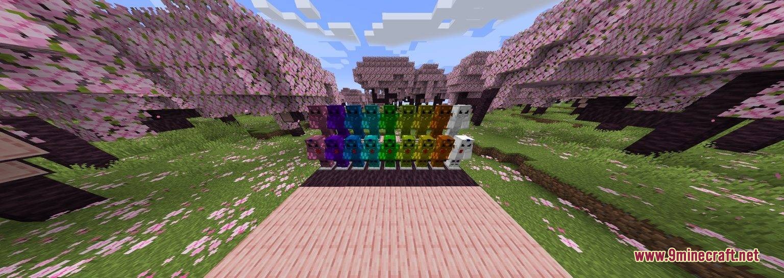 Alchemical Resonance Mod Screenshot 1 Rows of colorful armor sets standing in a cherry blossom biome