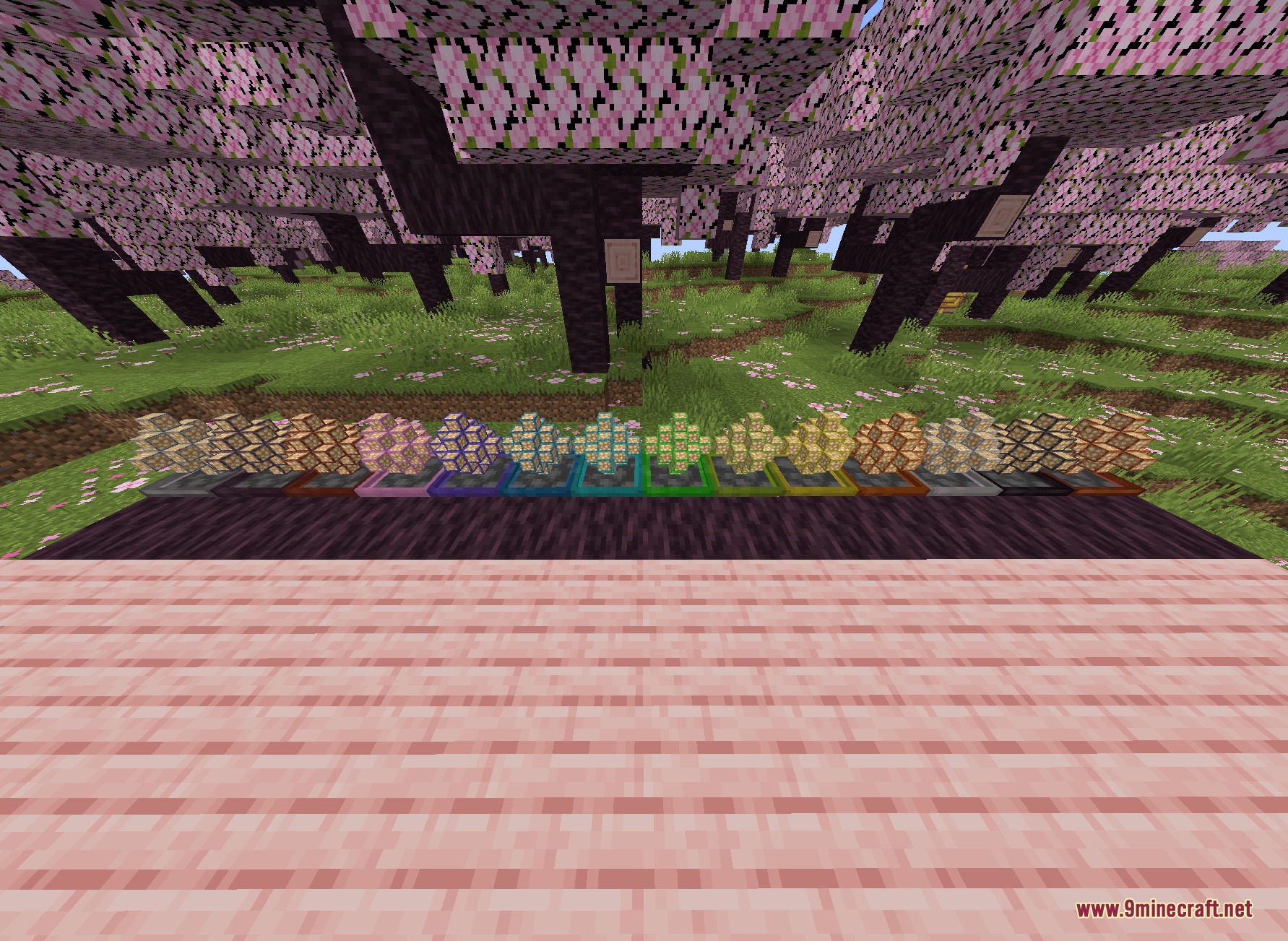 Alchemical Resonance Mod Screenshot 3 A row of colorful Alchemical Resonance energy collectors in a cherry blossom forest