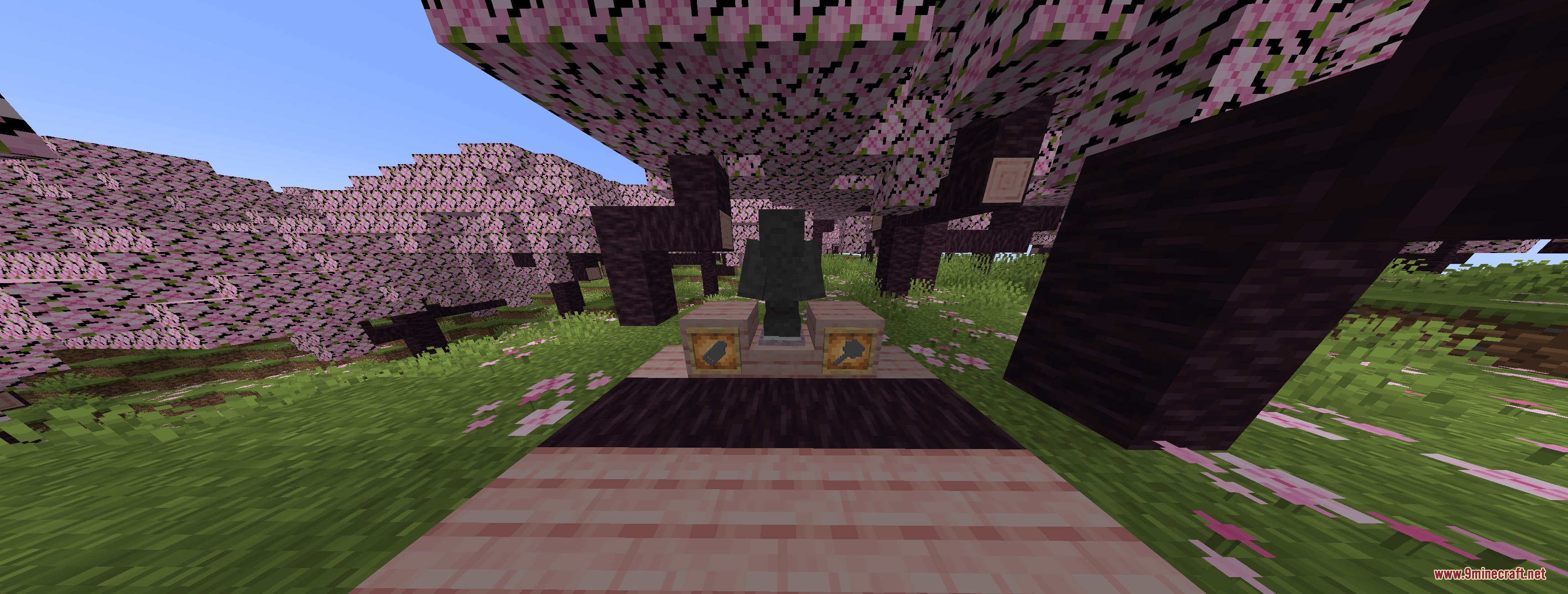Alchemical Resonance Mod Screenshot 4 Player wearing dark endgame armor standing between item frames in a pink forest