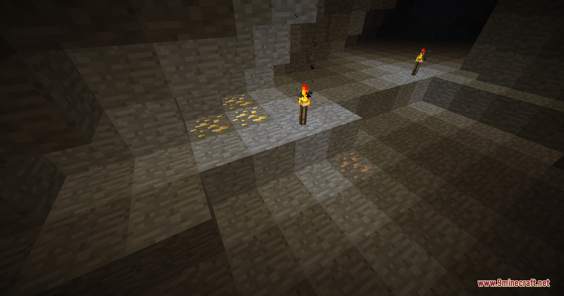 Alpha Horizon Modernized Mod Screenshot 3 Gold ore veins discovered inside a dark cave lit by torches