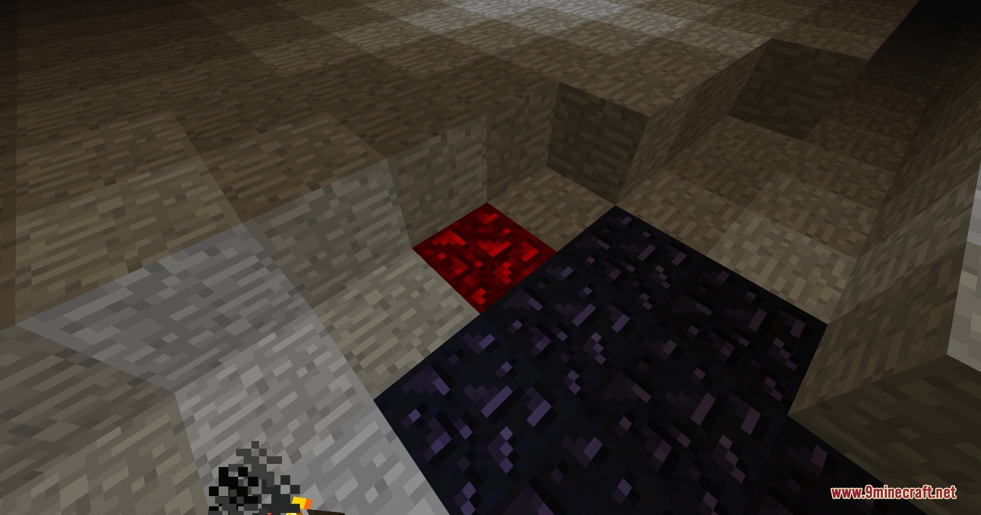 Alpha Horizon Modernized Mod Screenshot 4 A glowing obsidian block placed next to obsidian in the cave