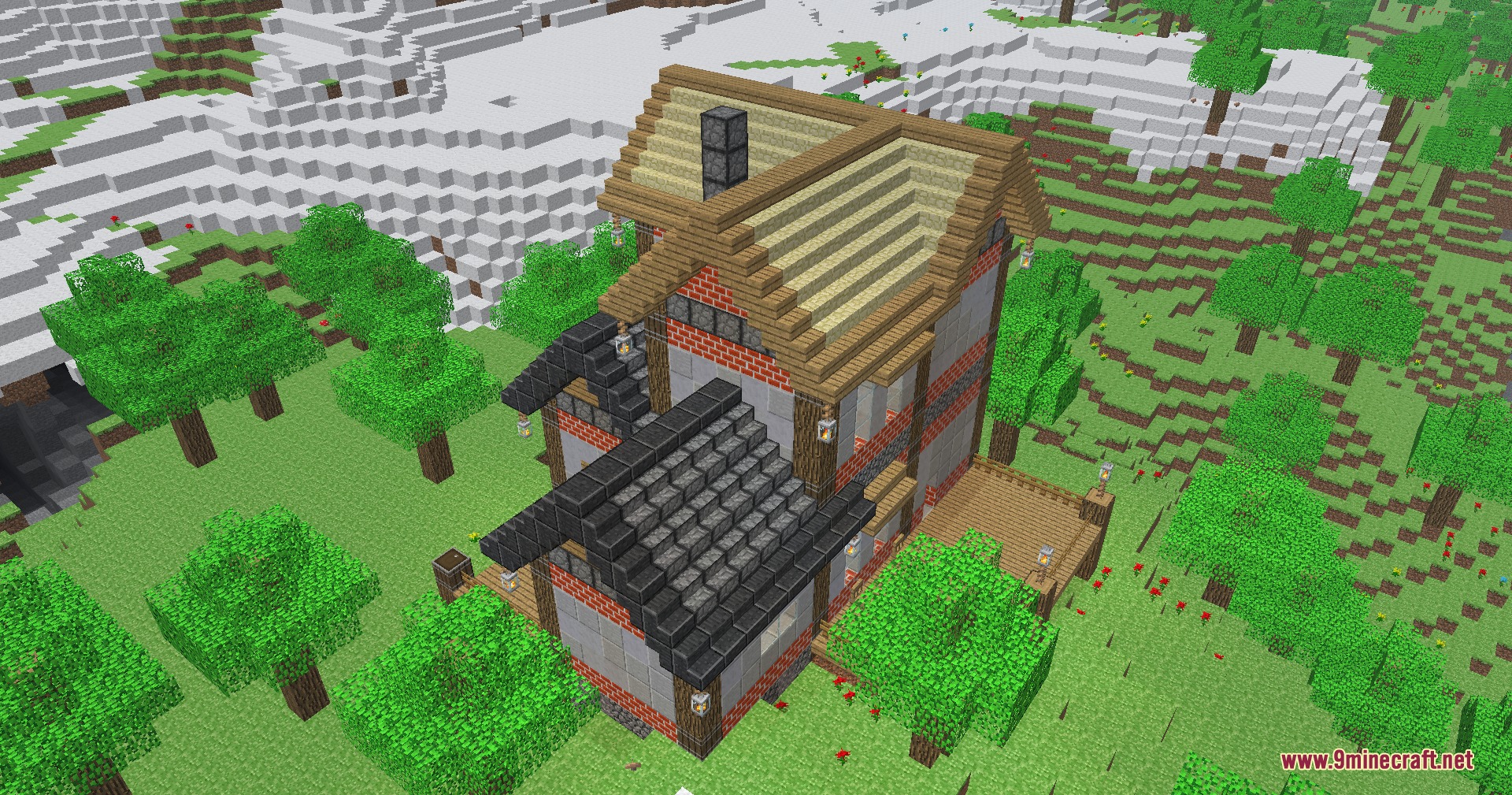 Alpha Horizon Modernized Mod Screenshot 5 A multi story house with brick and stone walls in a forest