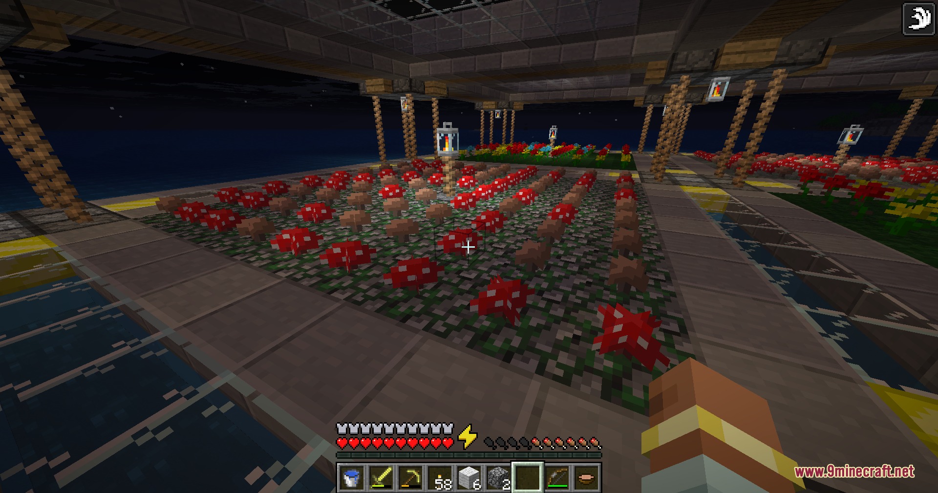 Alpha Horizon Modernized Mod Screenshot 8 A large mushroom farm with red and brown mushrooms under hanging lanterns
