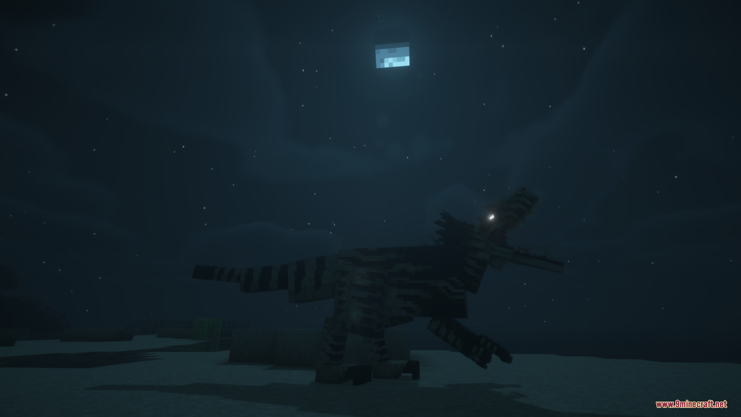 Megaraptor dinosaur with glowing eyes roaring in the dark Minecraft night