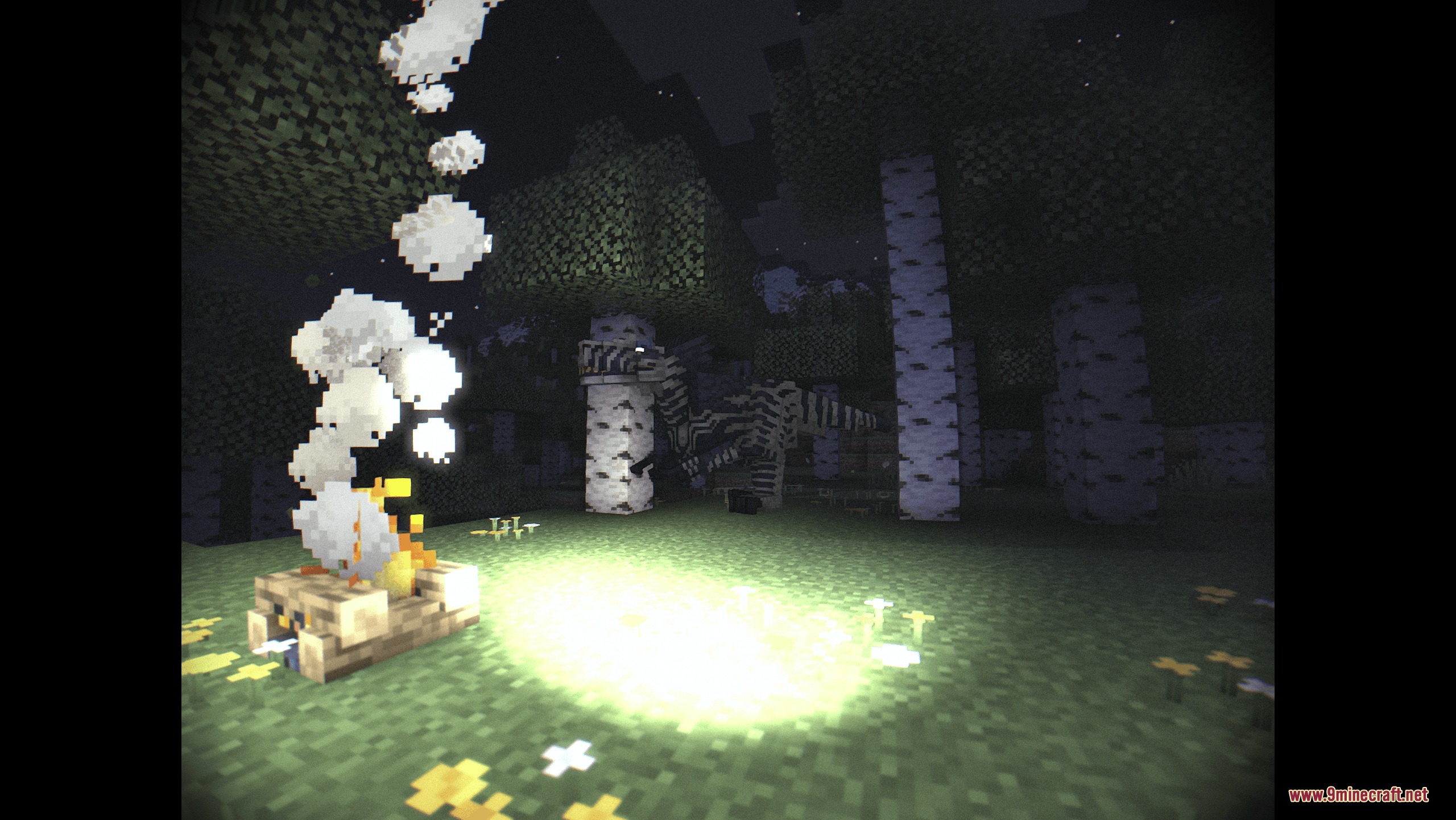 A dangerous dinosaur lurks behind birch trees near a glowing campfire