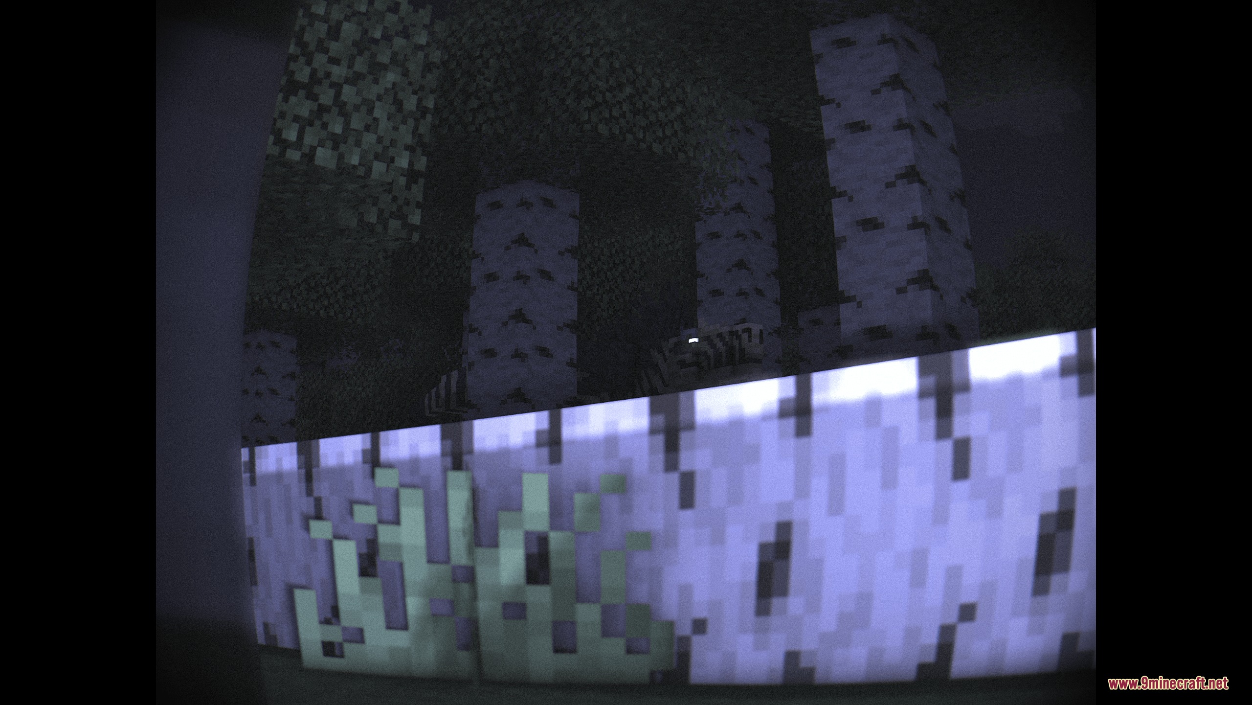 Birch log pillars stand inside a dark shelter with a glowing barrier
