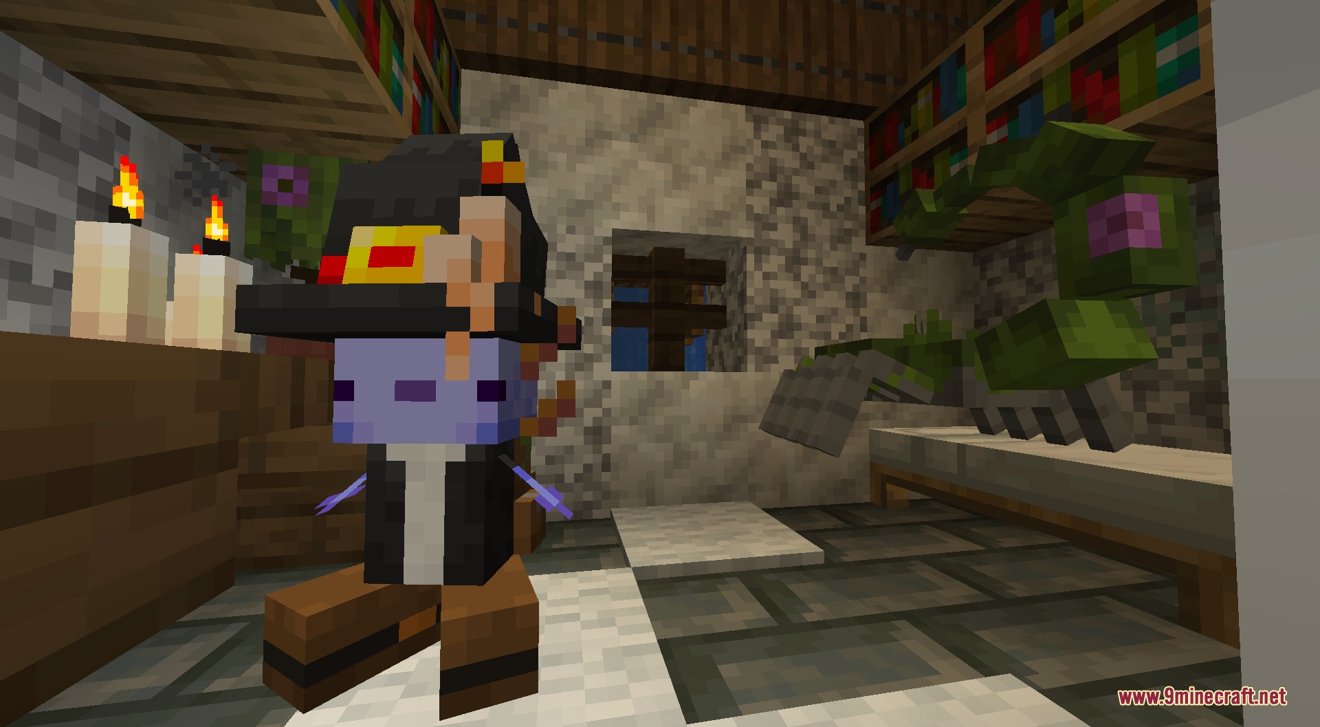 Amphibian Fallen Empire Mod Screenshot 2 An axolotl merchant wearing a wizard hat stands in a cozy library room