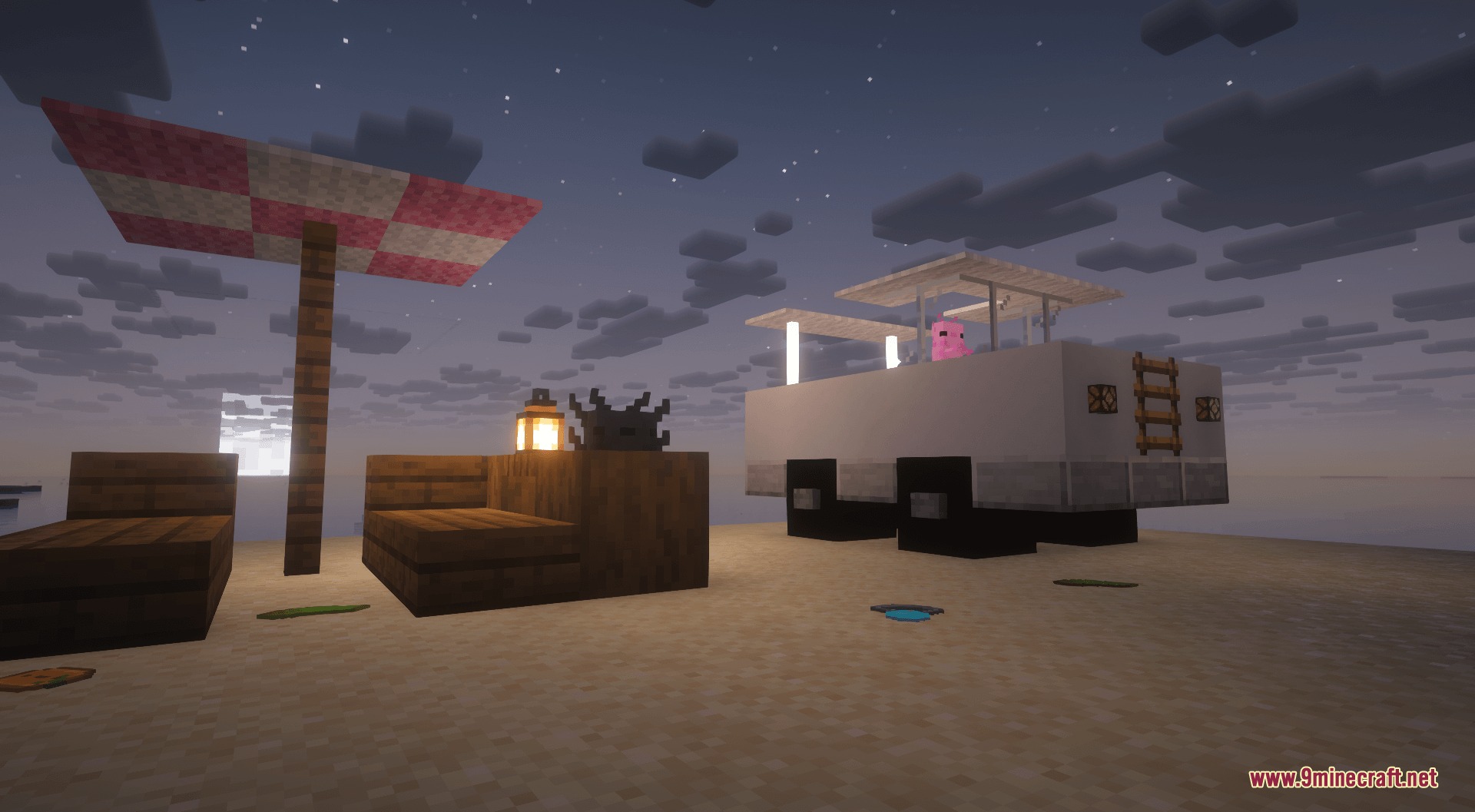 Amphibian Fallen Empire Mod Screenshot 3 Pink axolotl sitting in a white camper van on a beach at night