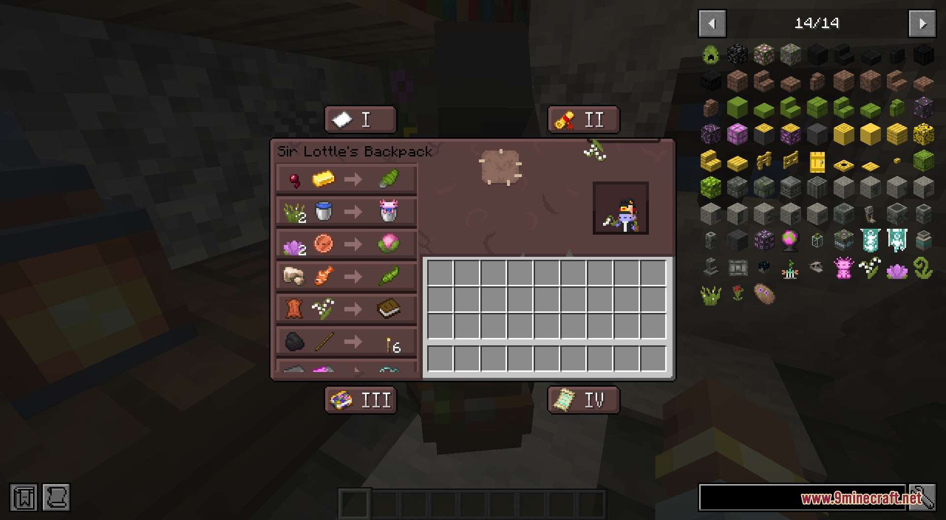 Amphibian Fallen Empire Mod Screenshot 6 Trading interface for Sir Lottle Backpack showing custom recipes for axolotls and items