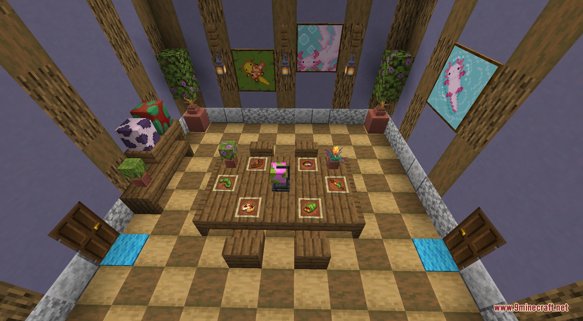 Amphibian Fallen Empire Mod Screenshot 7 A decorative room with axolotl paintings and food displayed on the table