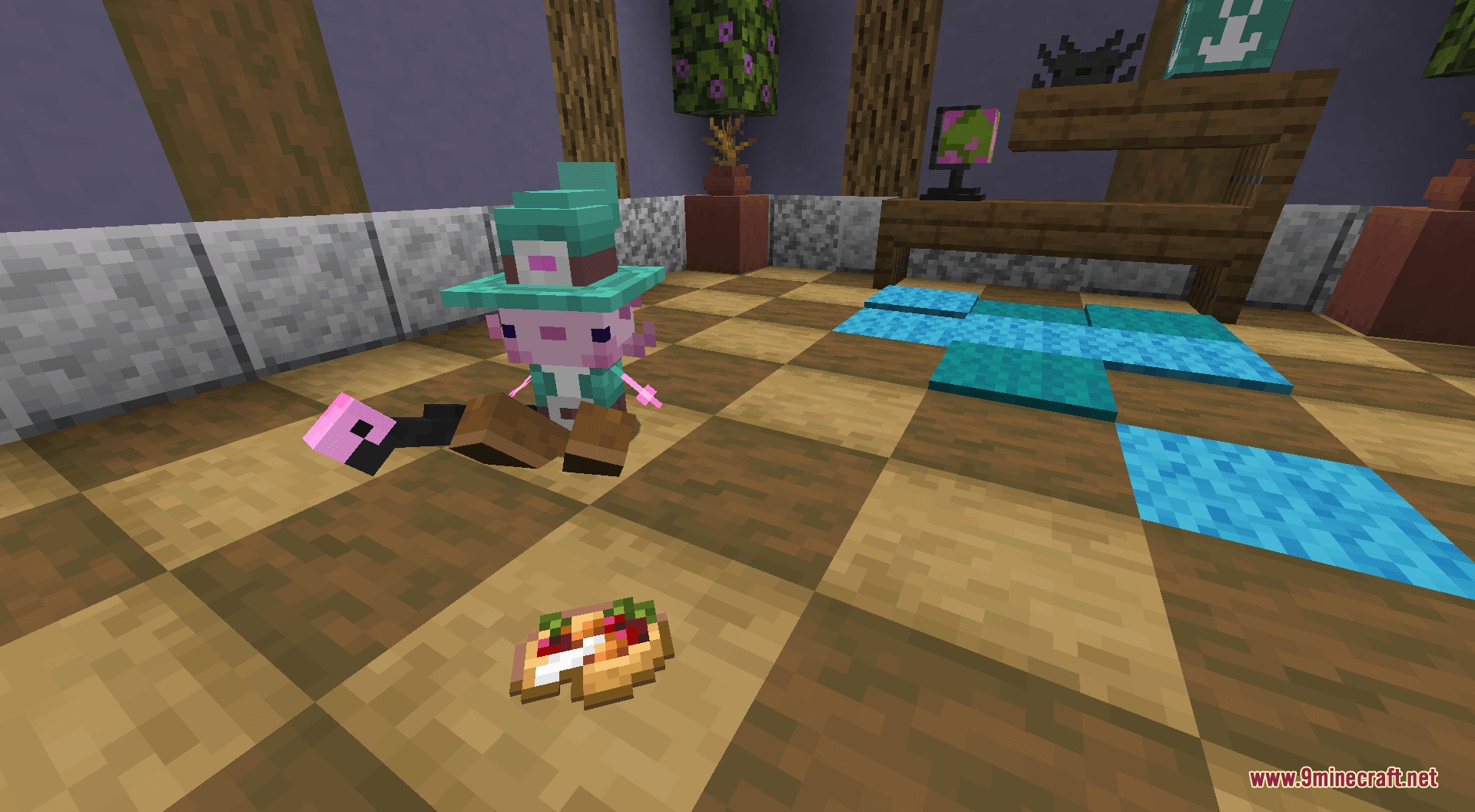 Amphibian Fallen Empire Mod Screenshot 8 A cute axolotl character wearing a hat sitting on a checkered floor