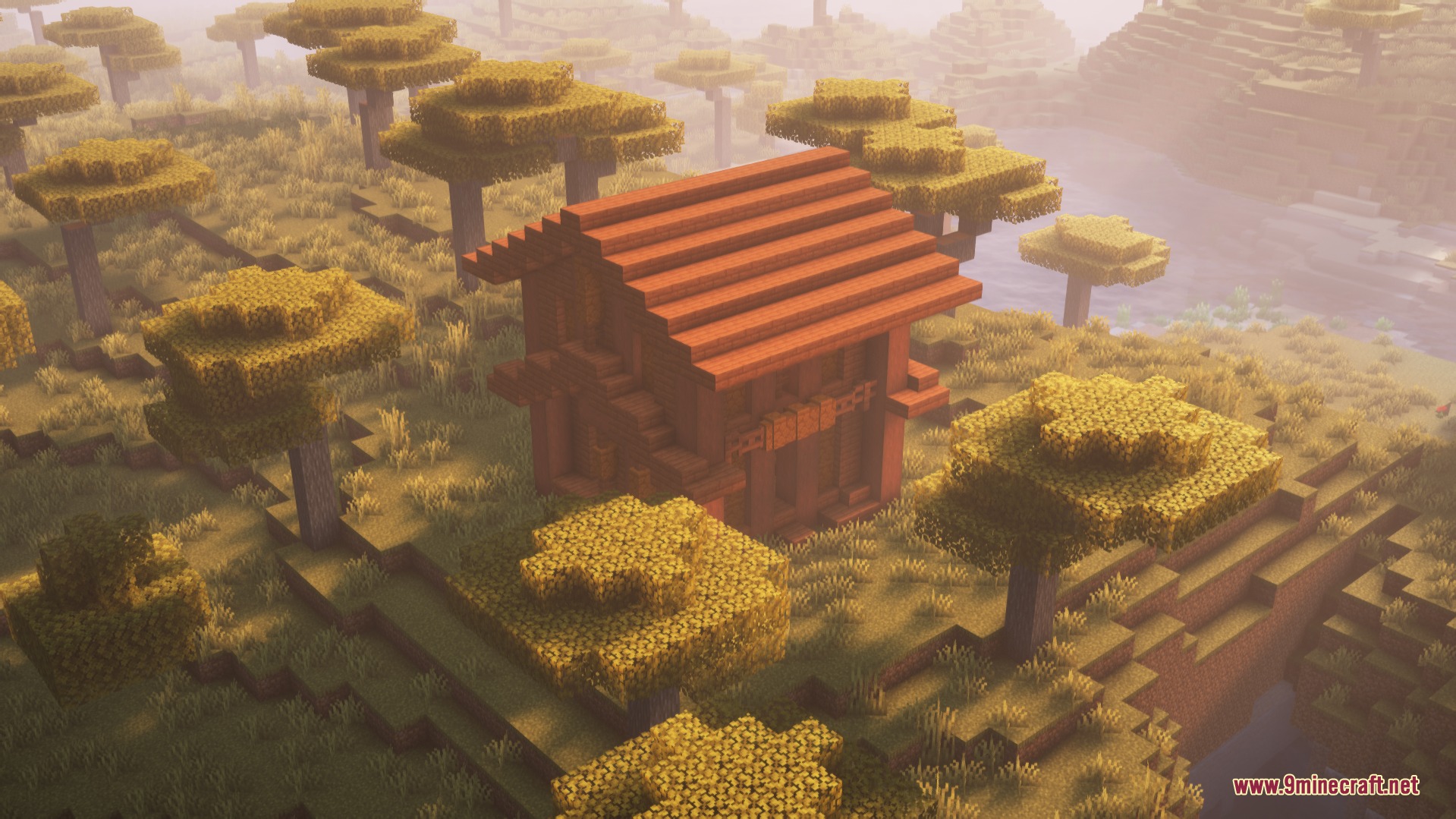 Ancient Domain Sprawl Mod Screenshot 1 A simple wooden structure generated in a savanna biome under warm lighting
