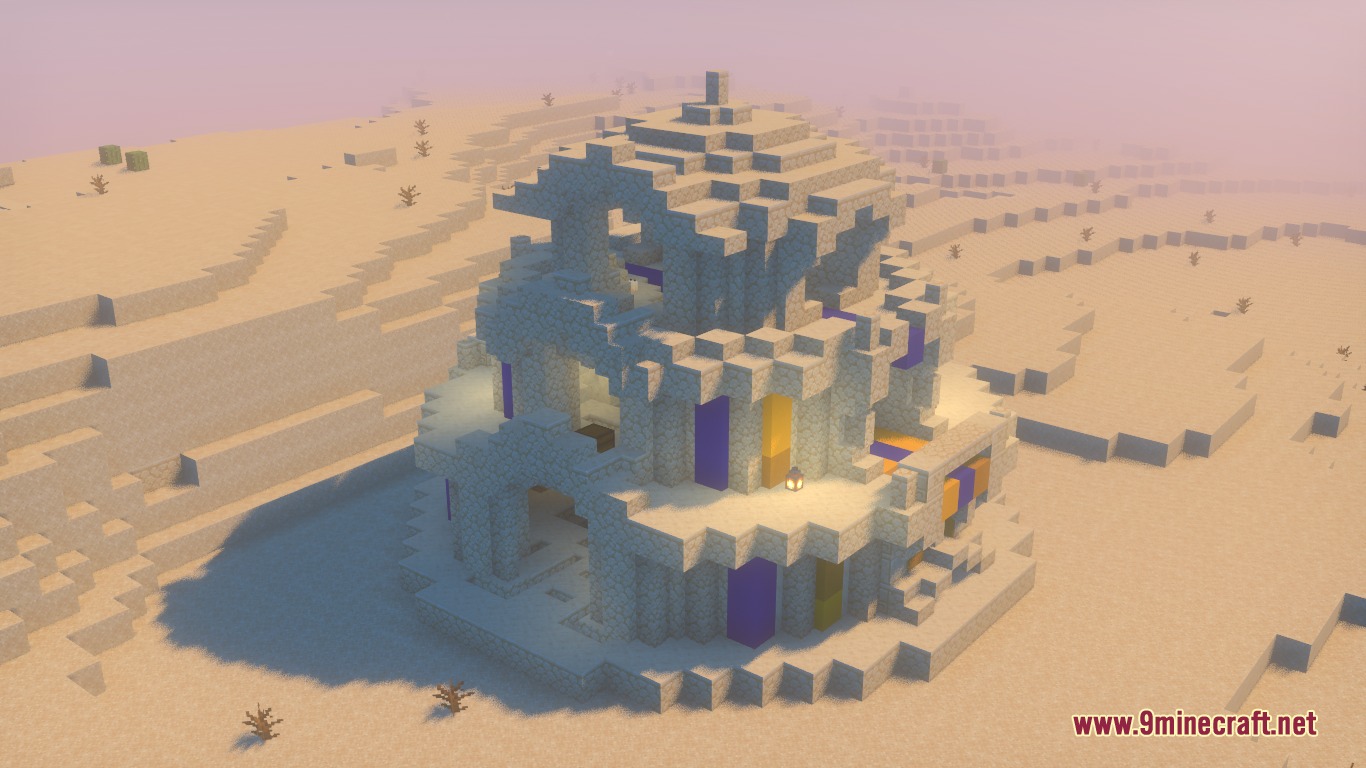 Ancient Domain Sprawl Mod Screenshot 2 Large circular sandstone monument with purple banners located in a vast desert biome