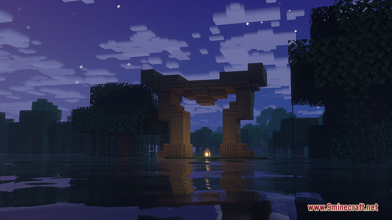 Ancient Domain Sprawl Mod Screenshot 3 A mysterious wooden structure stands in a dark swamp under the night sky