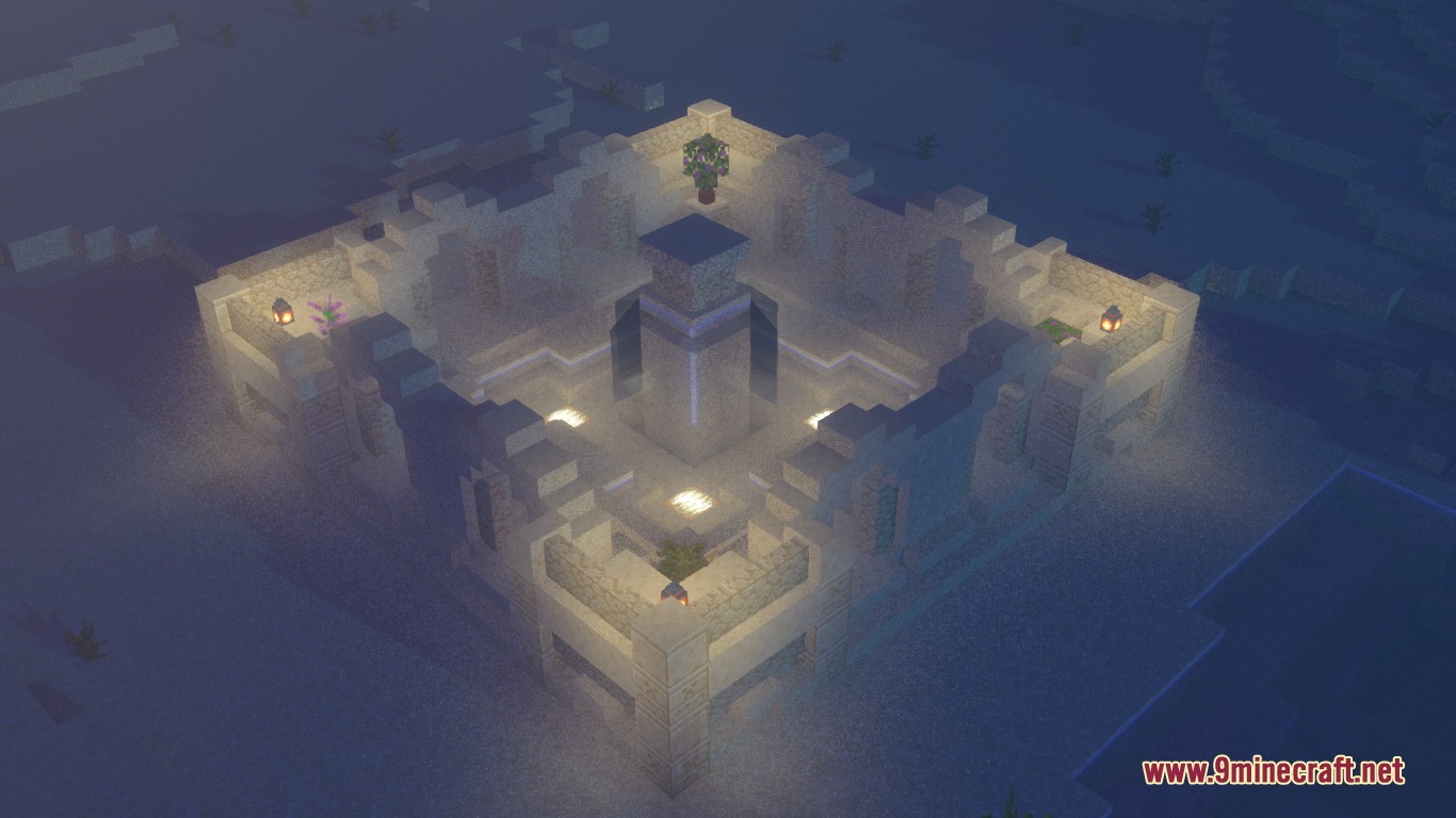 Ancient Domain Sprawl Mod Screenshot 5 A square desert ruin illuminated by lanterns during the night in Minecraft