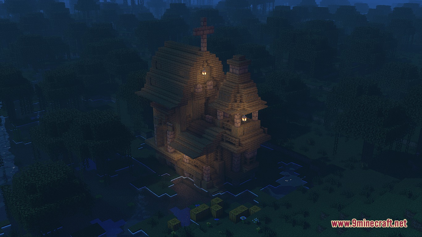 Ancient Domain Sprawl Mod Screenshot 7 A wooden church structure with lanterns glowing in a dark forest biome