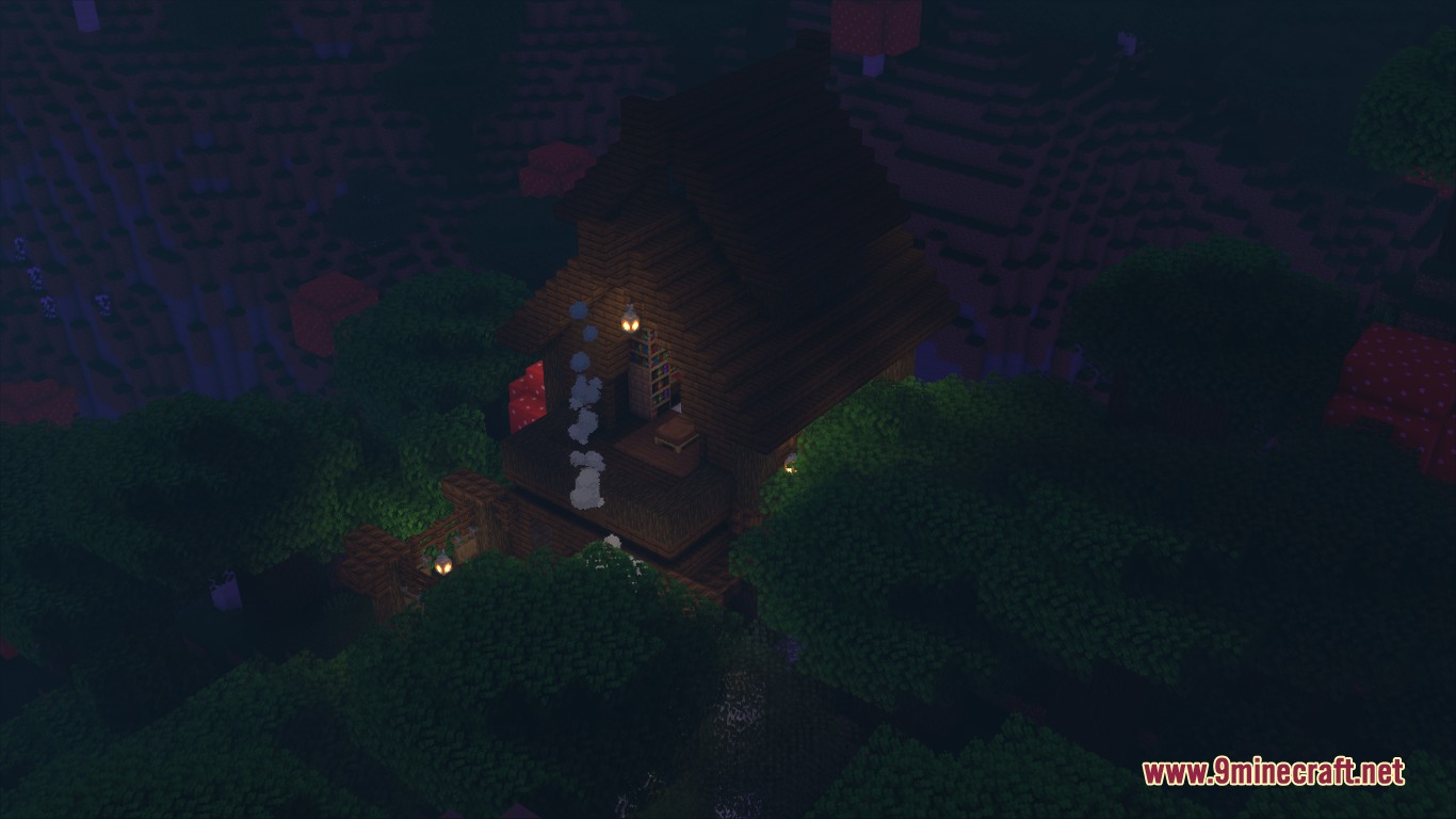 Ancient Domain Sprawl Mod Screenshot 8 A cozy wooden house with smoke rising from the chimney at night