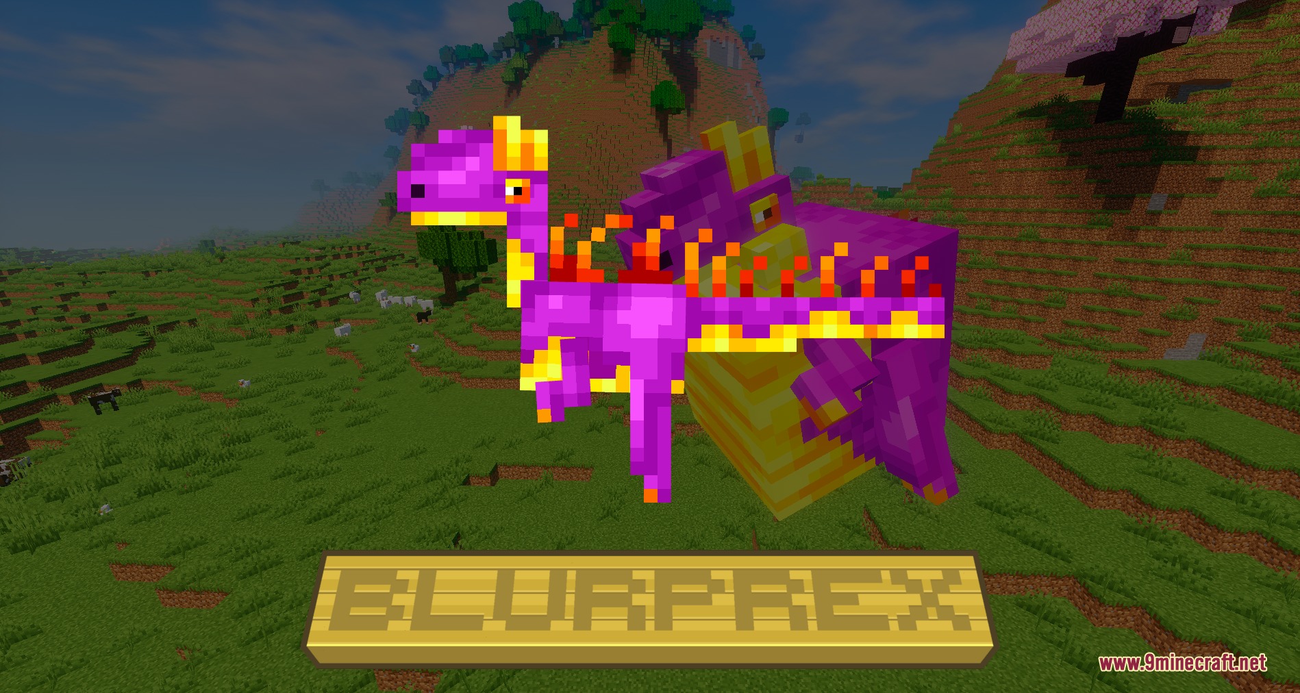 A purple and yellow Blurprex creature stands in a grassy Minecraft landscape