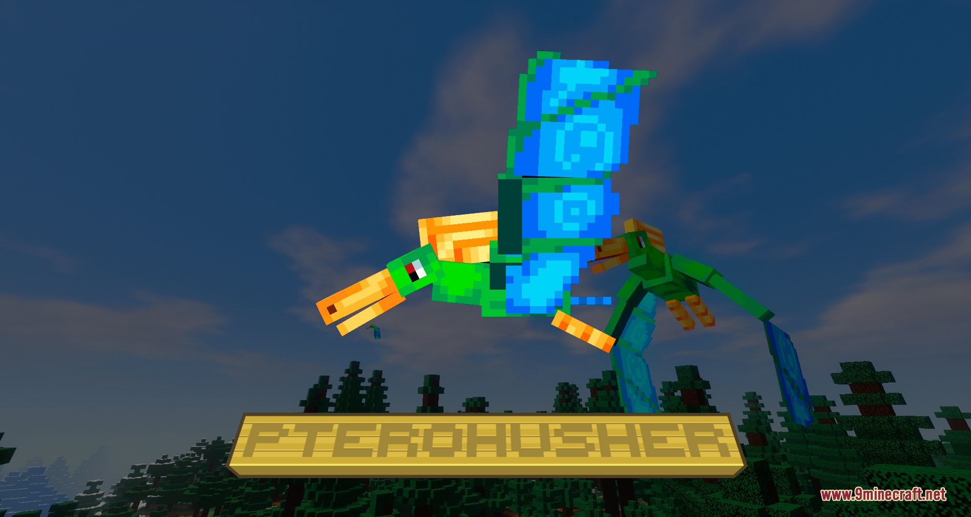 A green and blue Pterohusher creature flies high above the Minecraft forest