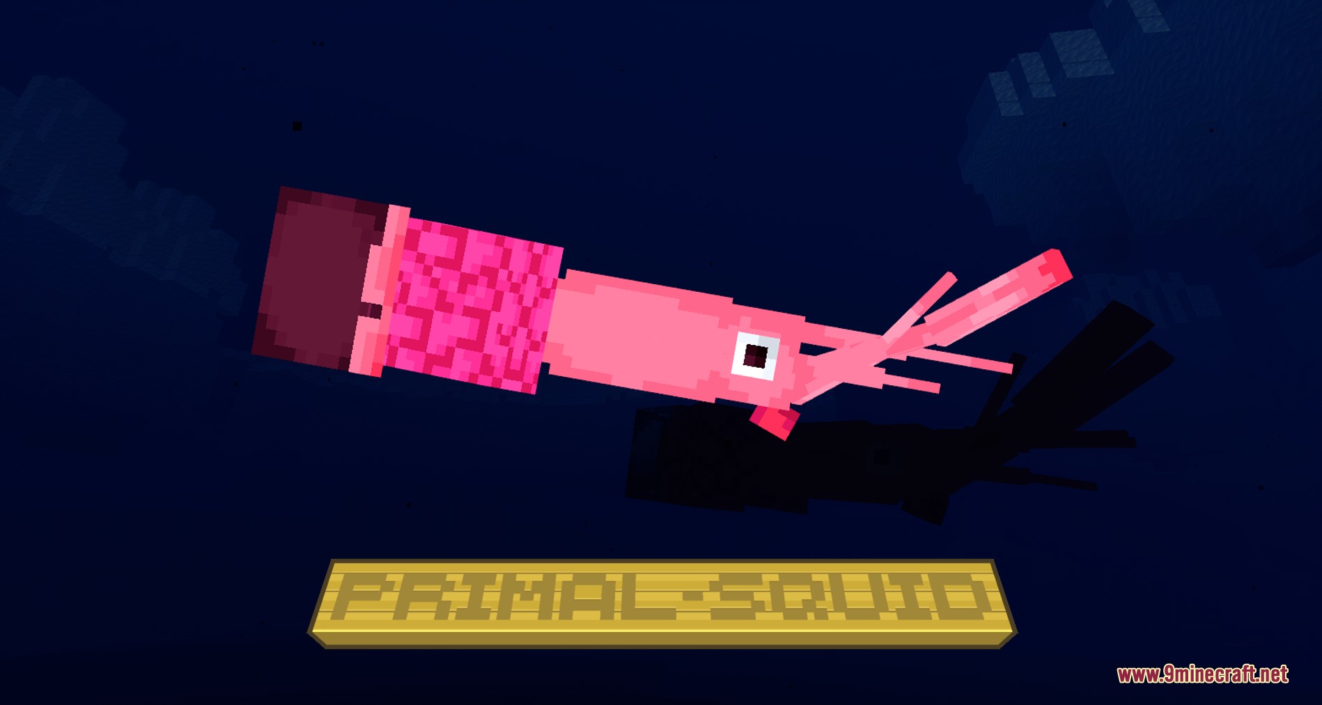 Large pink Primal Squid swimming through the deep blue ocean in Minecraft