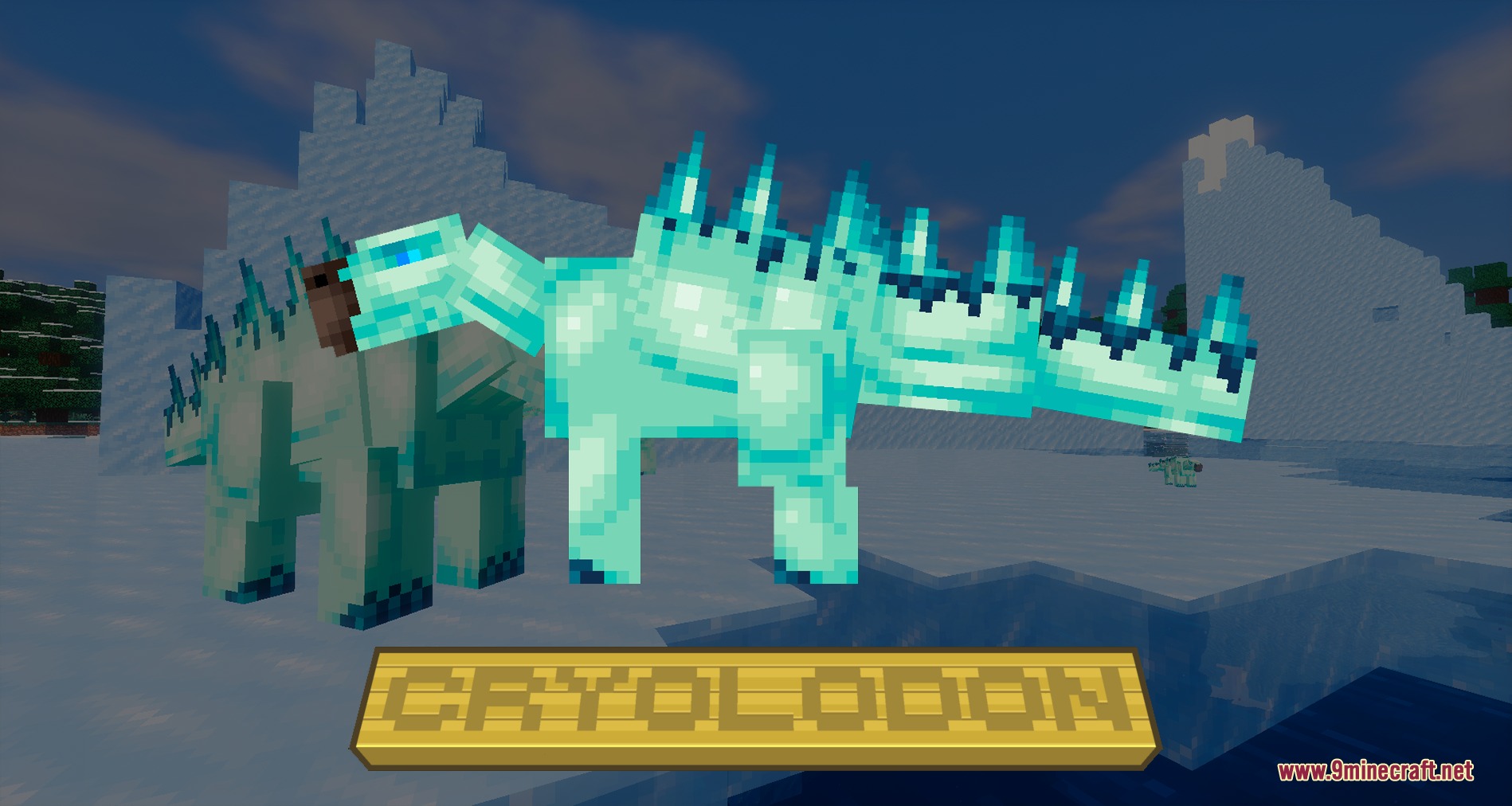 Spiky light blue Cryolodon standing in a frozen snowy biome in Minecraft