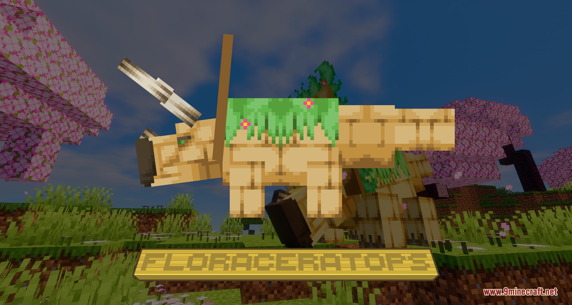 A large Floraceratops creature standing amidst pink cherry blossom trees in Minecraft