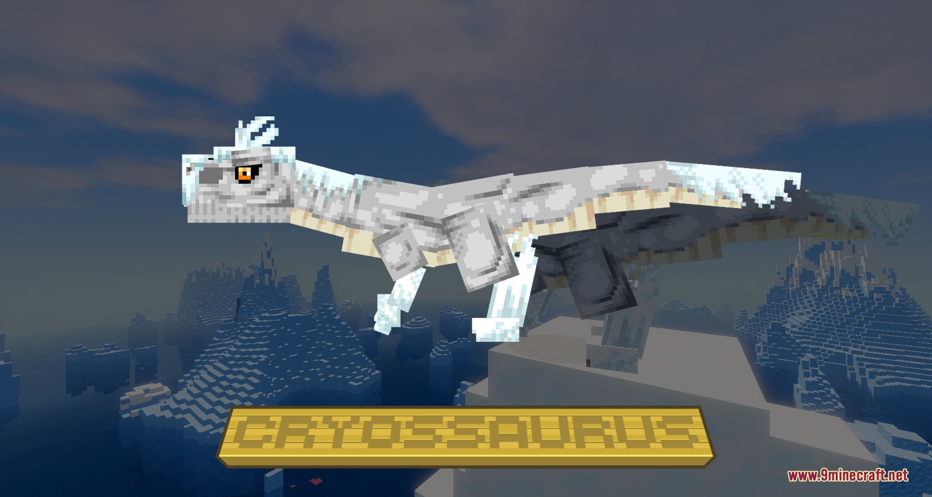 A white Cryossaurus dinosaur standing on an icy peak in a frozen landscape